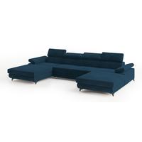 WOHNLANDSCHAFT DETTI Blau Velours-Stoff mit Schlaffunktion - Blau, Holz (339/89/190cm) - MASSENO