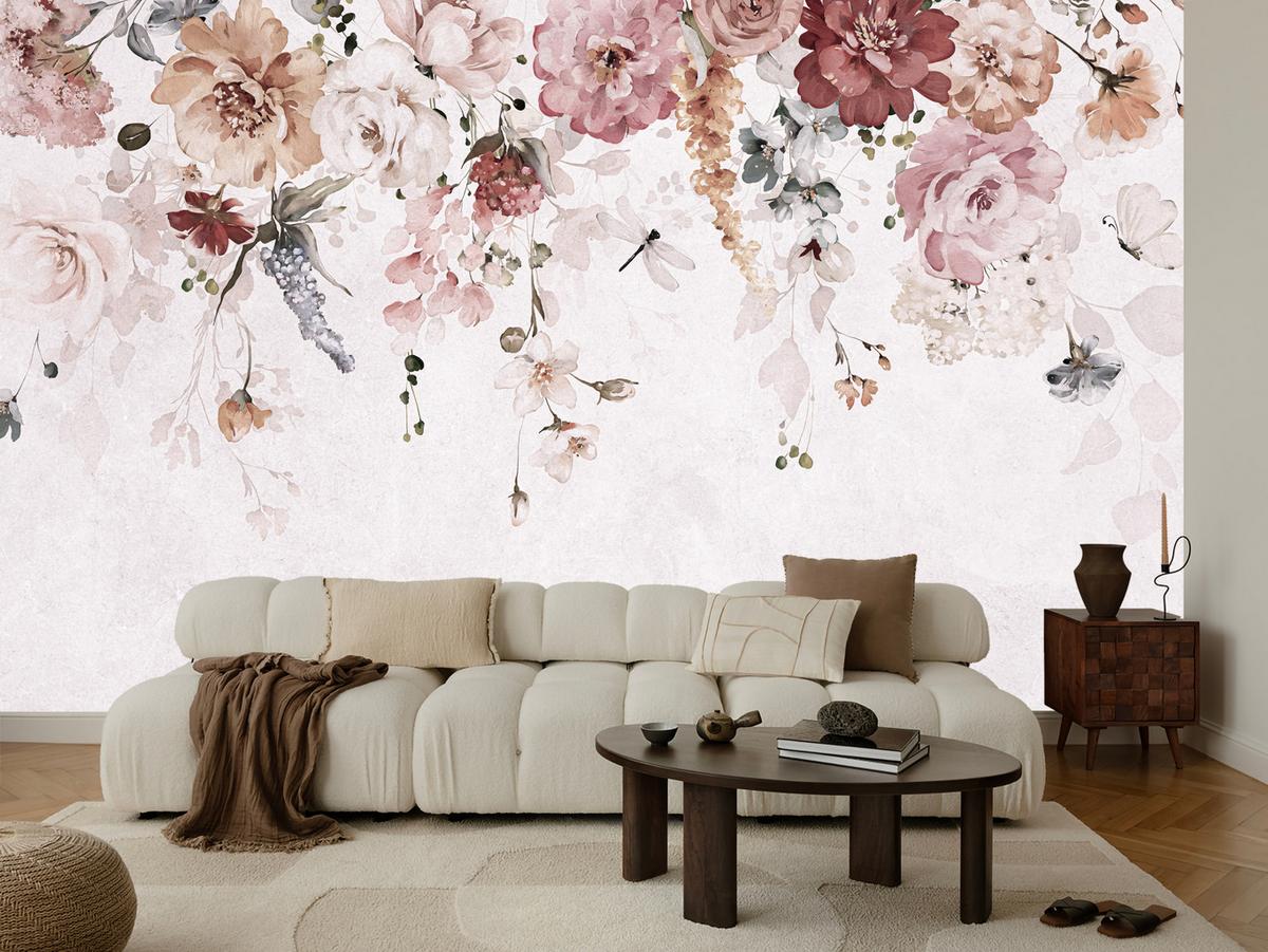 FOTOTAPETE für Schlafzimmer Aquarell Bunte Blumen Ranken Blätter 450x315 - Rot/Rosa, Papier (450/315cm) - Muralo