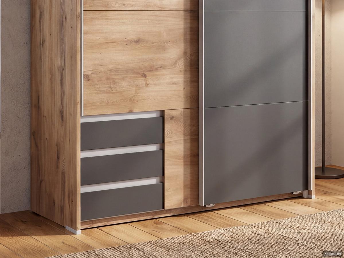 SCHWEBETÜRENSCHRANK 2-türig B138/H200/T65 cm, Passepartout-Kleiderschrank in Eiche Dekor, 1x Tür & sichtbare Schubkästen in Grafit / 22671 - Eichefarben/Graphitfarben, Holz/Holzwerkstoff (138/200/65cm) - luma-home