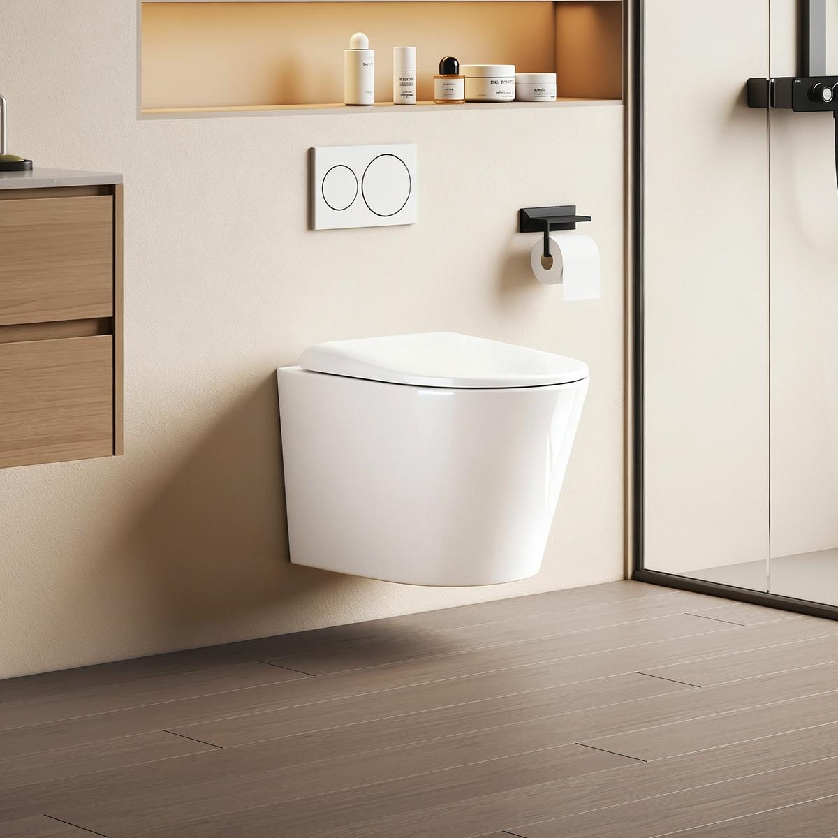 WAND-WC Set 49 x 36,5 cm inkl. WC-Sitz mit Absenkautomatik weiß glänzend - Weiß, Keramik (36.5/36/49cm) - EMKE