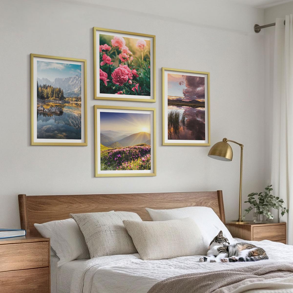 BILDER SET 4er Set - 50x50 cm & 40x60 cm Goldrahmen - Blumengarten, Bergwiese, Wasser - Goldfarben, Kunststoff (50/50cm) - TULUP
