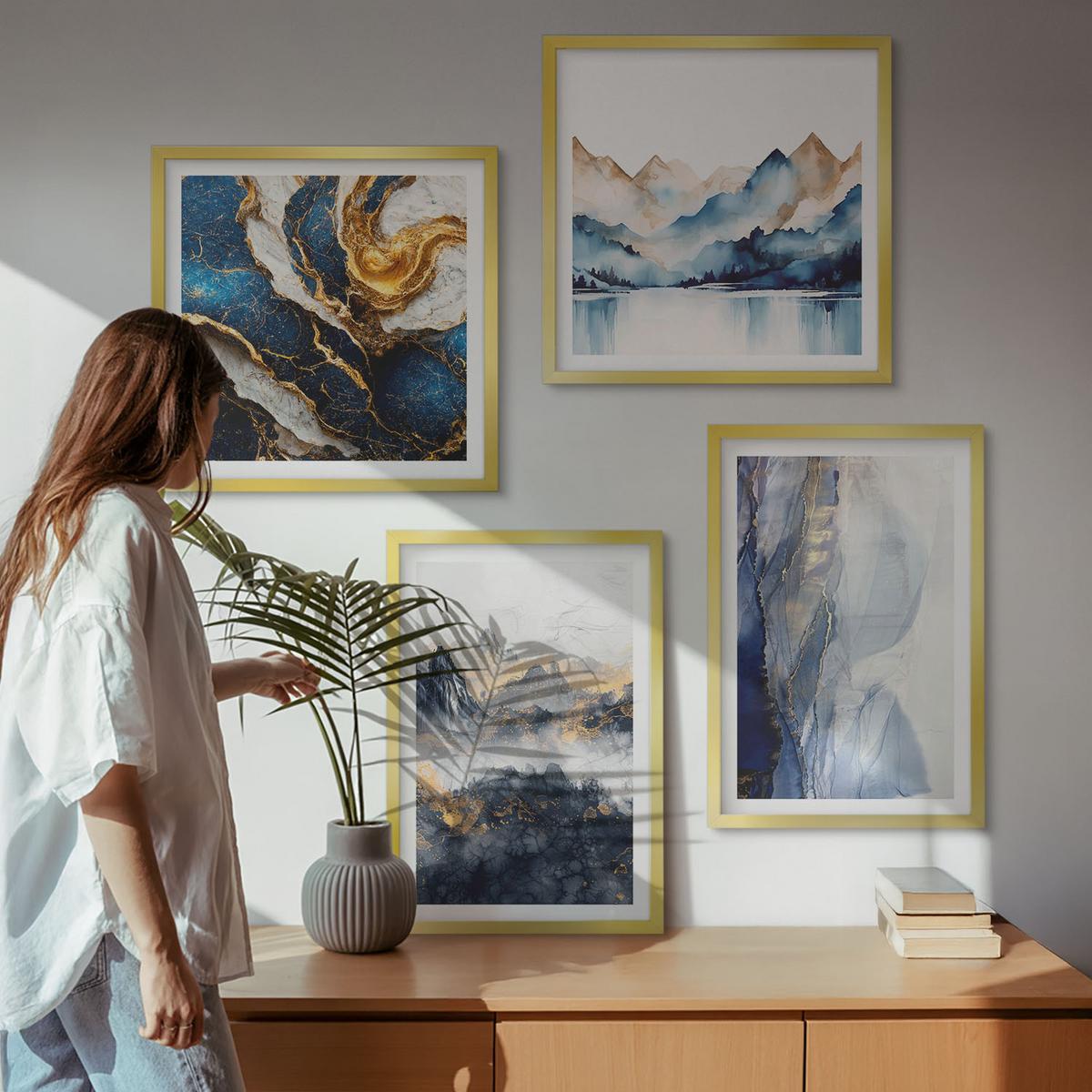 BILDER SET 4er Set - 50x50 cm & 40x60 cm Goldrahmen - Blaue Berglandschaften - Goldfarben, Kunststoff (50/50cm) - TULUP