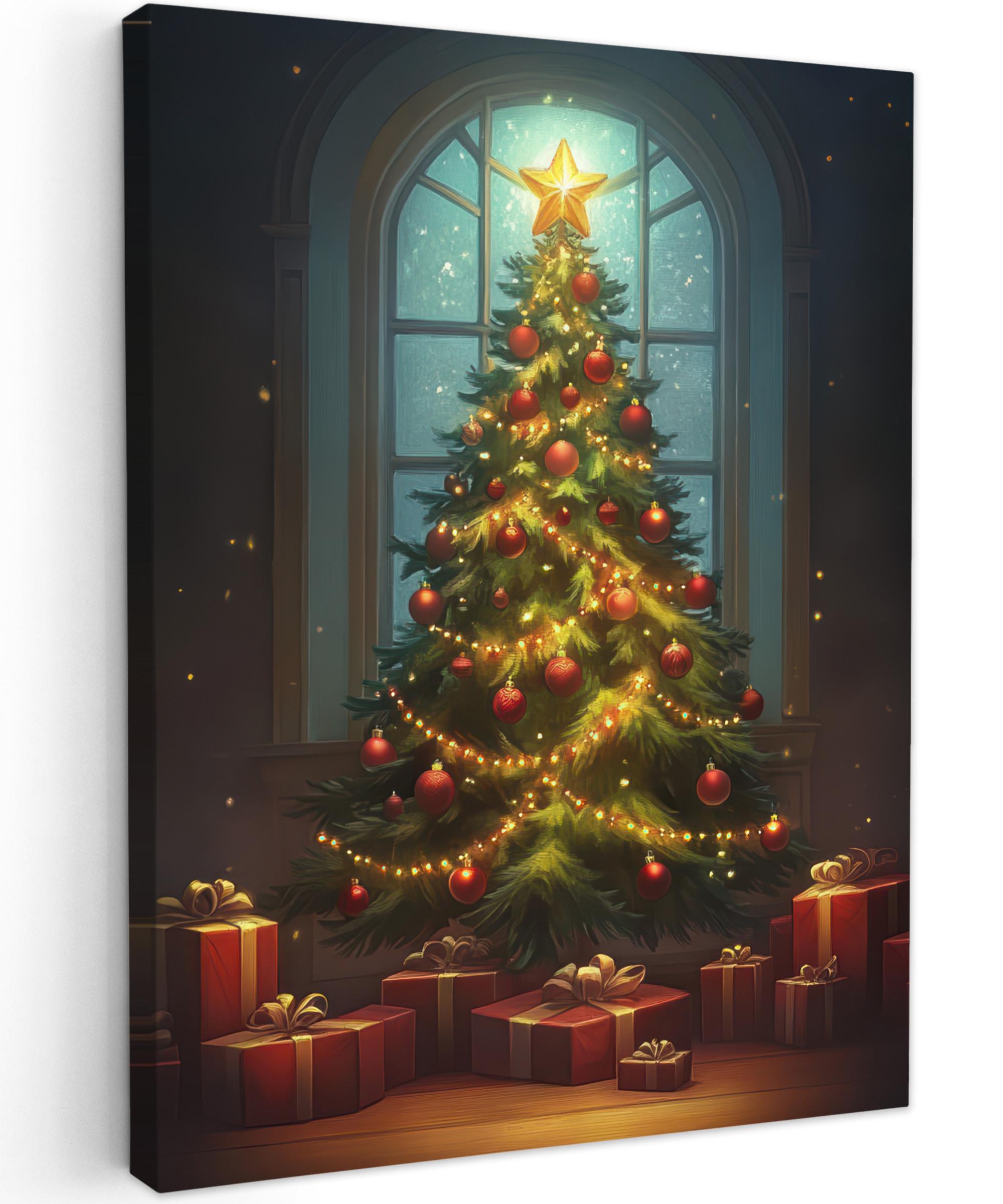LEINWANDBILD Weihnachtsbaum - Geschenk - Winter Wandbild Wohnzimmer 60x80 cm - Grün, Textil (60/80cm) - MuchoWow