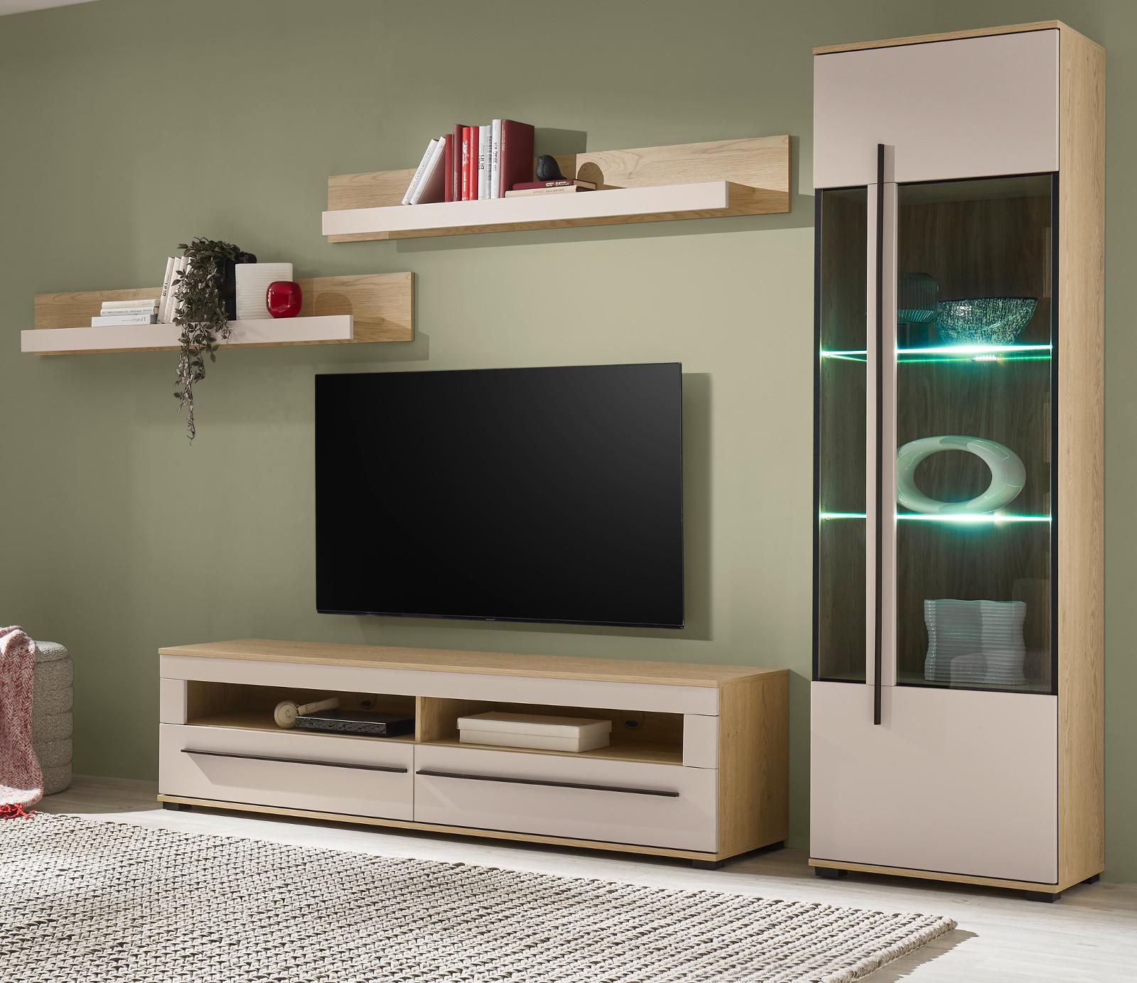 WOHNWAND Kaschmir, Eiche 4-teilig 240 cm, Wohnkombination mit Soft-Close - Kaschmir/Eichefarben, Glas/Holzwerkstoff (240/200/42cm) - Furn.Design