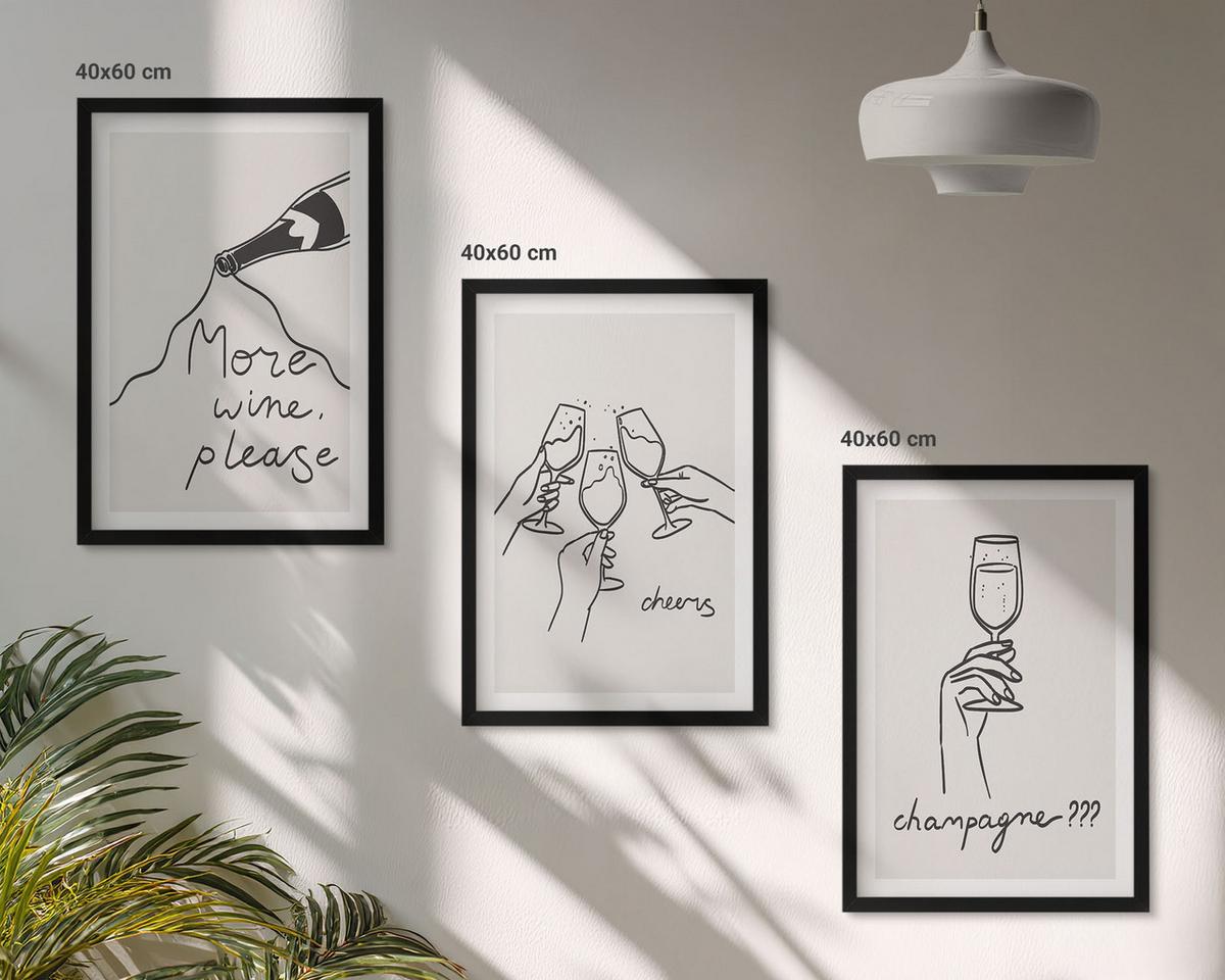 BILDER SET 3er Set - 40x60 cm Schwarzer Rahmen - Champagner-Wein-Linienzeichnung - Schwarz, Kunststoff (40/60cm) - TULUP