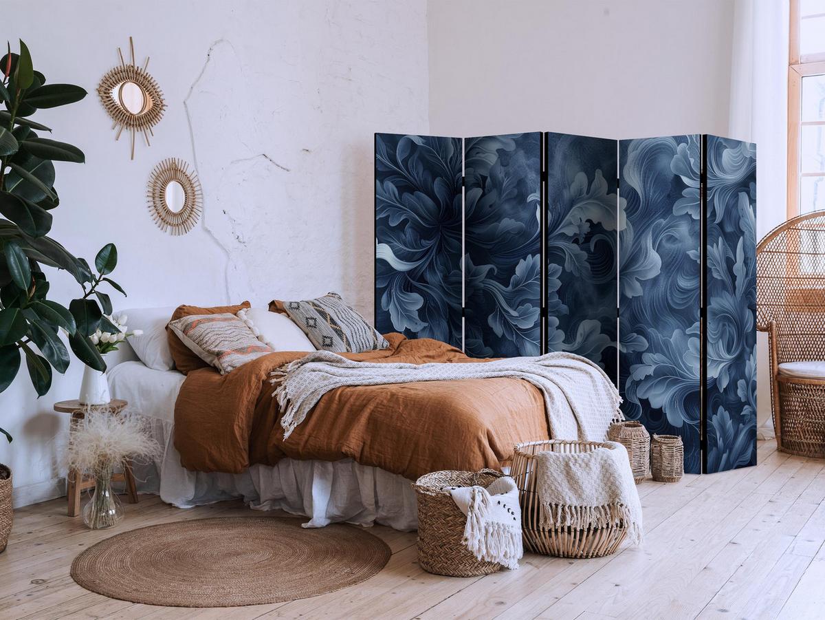 PARAVENT 5-tlg 225x172 cm Blaue Blätter - Blau, Holz/Textil (225/172/3cm) - Muralo