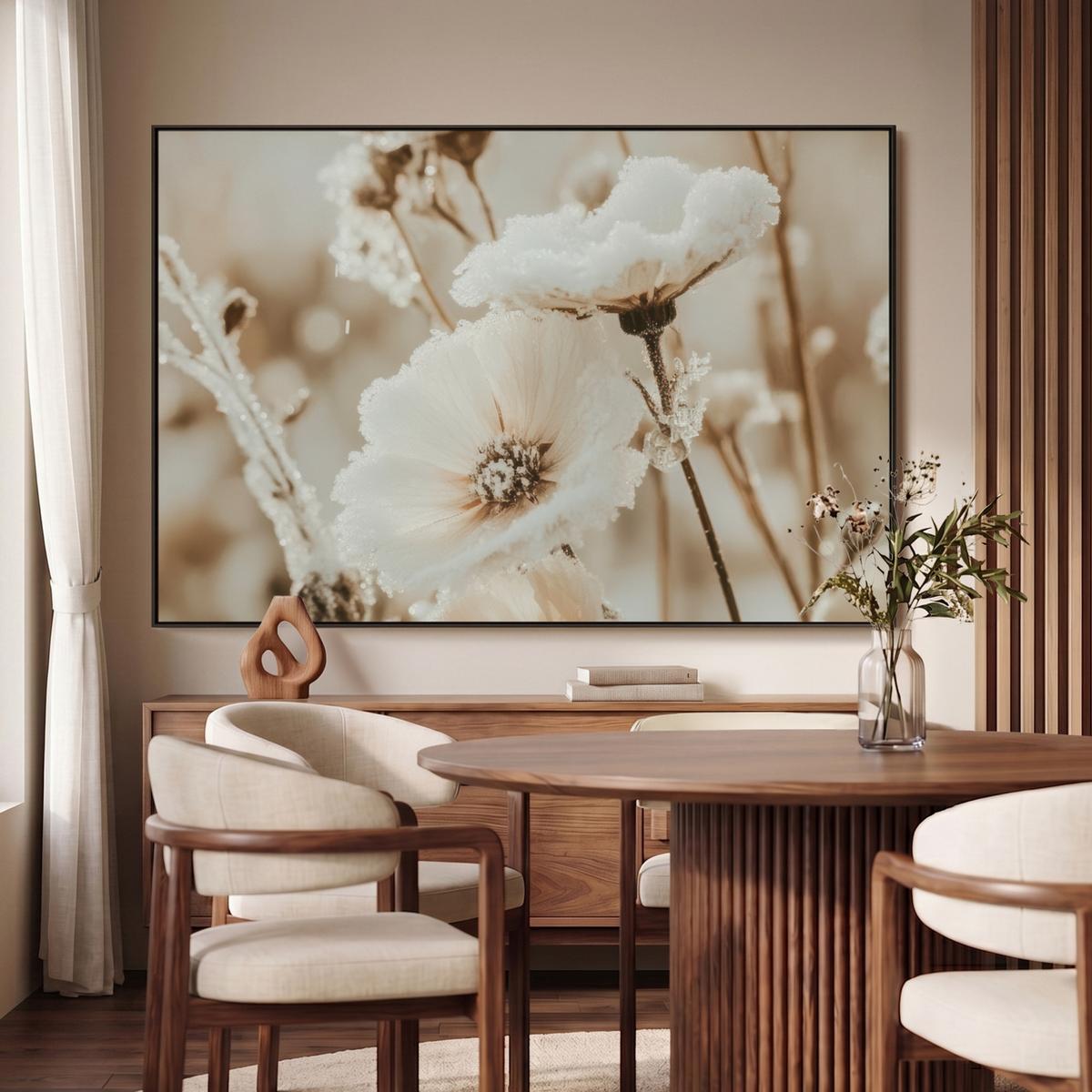 LEINWAND Bilder mit Rahmen - Blumen - Winter - Weiß - Schnee - Beige - 120x80 - Creme, Textil (120/80cm) - MuchoWow