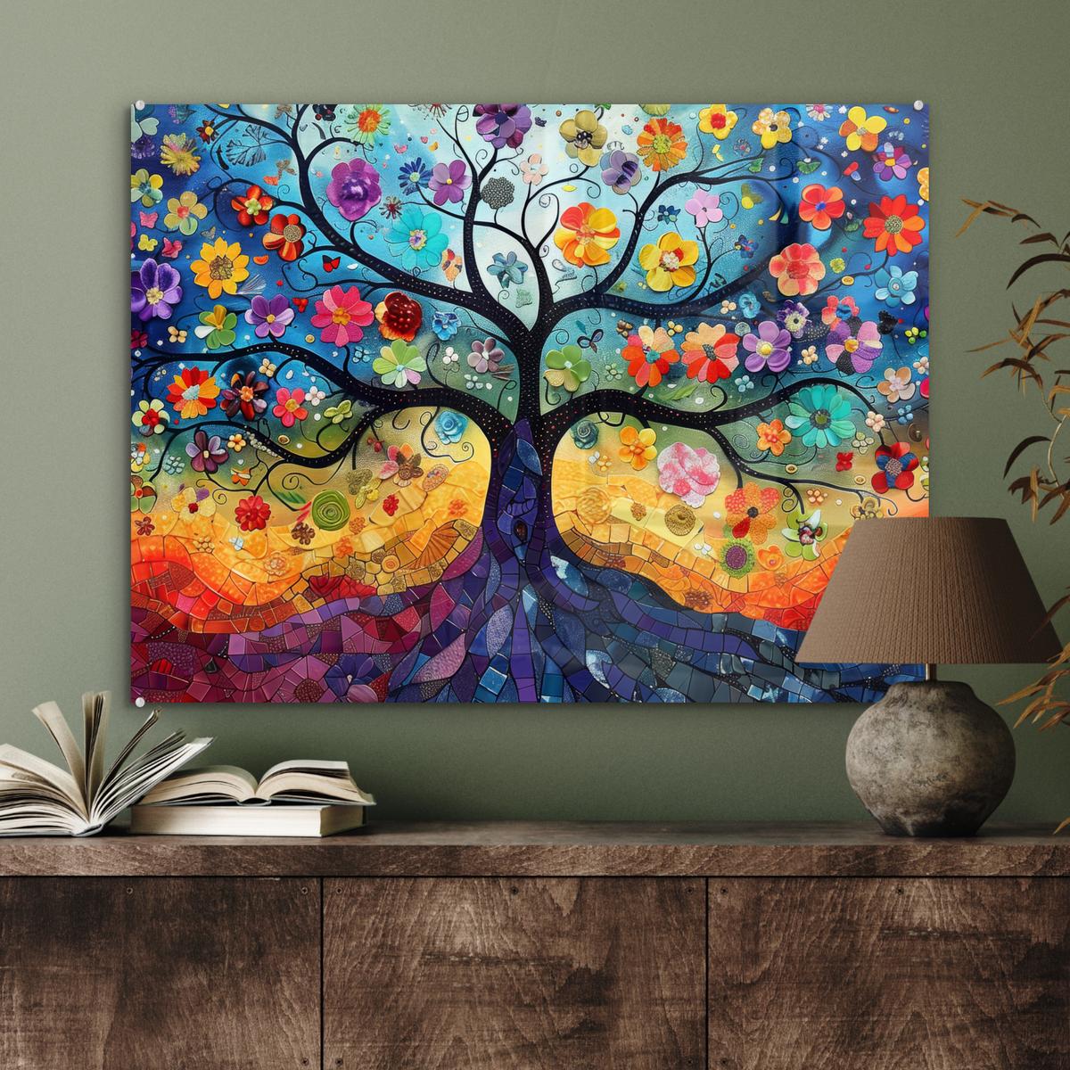 ACRYLGLASBILD Kunst - Baum des Lebens - Blumen - Hippie 80x60 cm - Dunkelblau, Glas (80/60cm) - MuchoWow