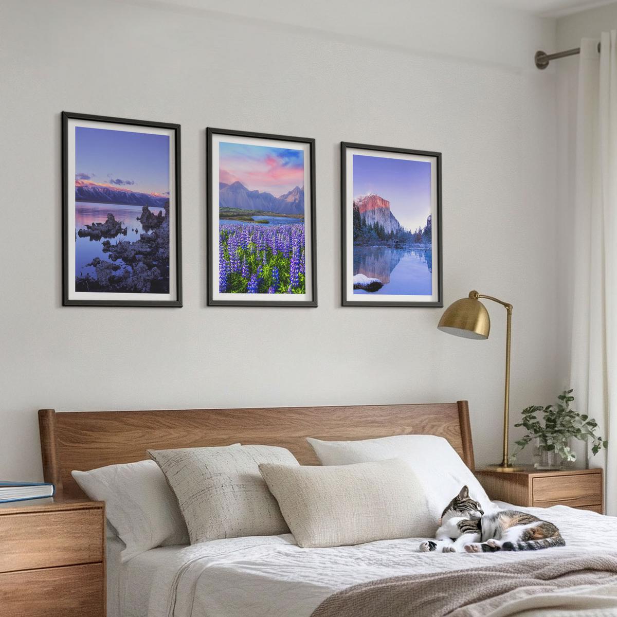 BILDER SET 3er Set - 40x60 cm Schwarzer Rahmen - Berglandschaften mit Wasser und Himmel - Schwarz, Kunststoff (40/60cm) - TULUP