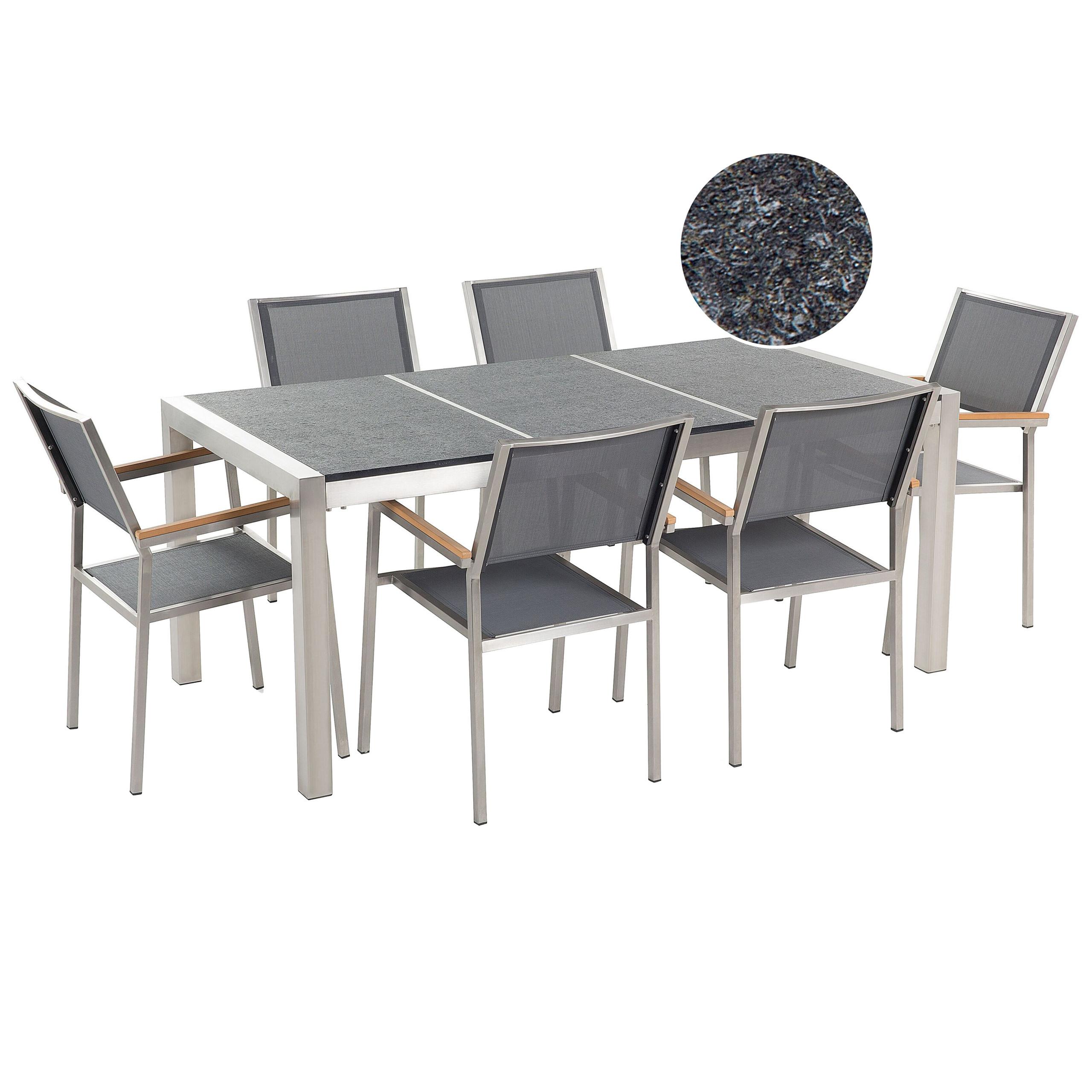 GARTENMÖBEL SET 6-Sitzer Naturstein Schwarz geflammt Grau Grosseto - Silberfarben/Grau, Metall - Beliani