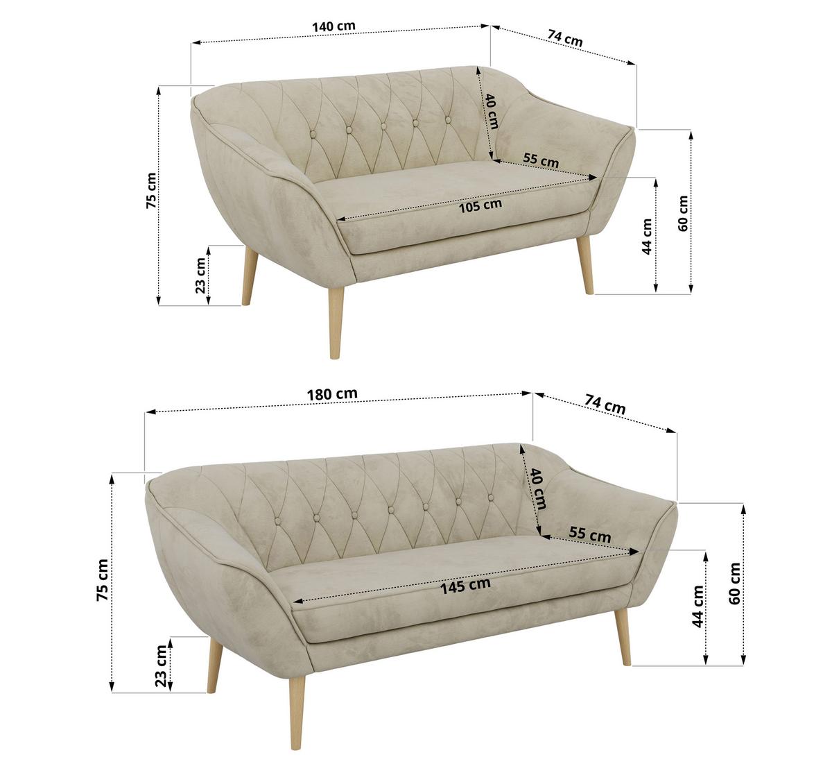 SITZGARNITUR PIRS 3+2 - Beige Velvet - Holzbeine - Beige/Buchefarben, Holzwerkstoff/Textil (180/75/74cm) - MKS