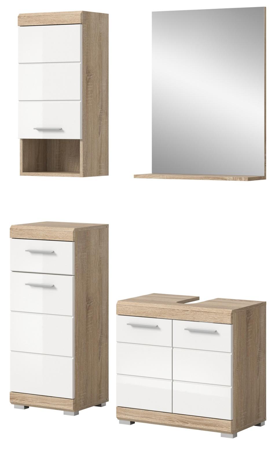 BADMÖBEL-SET weiß Hochglanz, Eiche 4-teilig 112 cm, Kombination mit viel Stauraum - Weiß Hochglanz/Eichefarben, Holzwerkstoff (112/191/34cm) - Inn.Furn