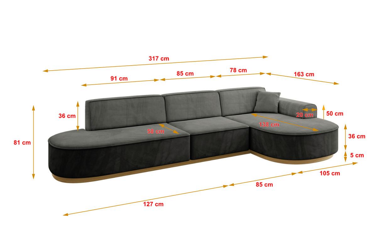 ECKSOFA Ottomane Rechts MARI-L2-v2 - 328x171x83 cm Dunkelgrau Velours - Dunkelgrau, Holzwerkstoff/Textil (171/328cm) - ALTDECOR