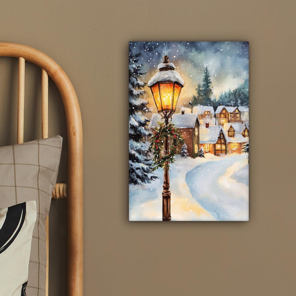 LEINWANDBILD Weihnachtsdorf - Häuser - Schnee - Weihnachten Deko Wohnzimmer 20x30 cm - Sandfarben, Textil (20/30cm) - MuchoWow