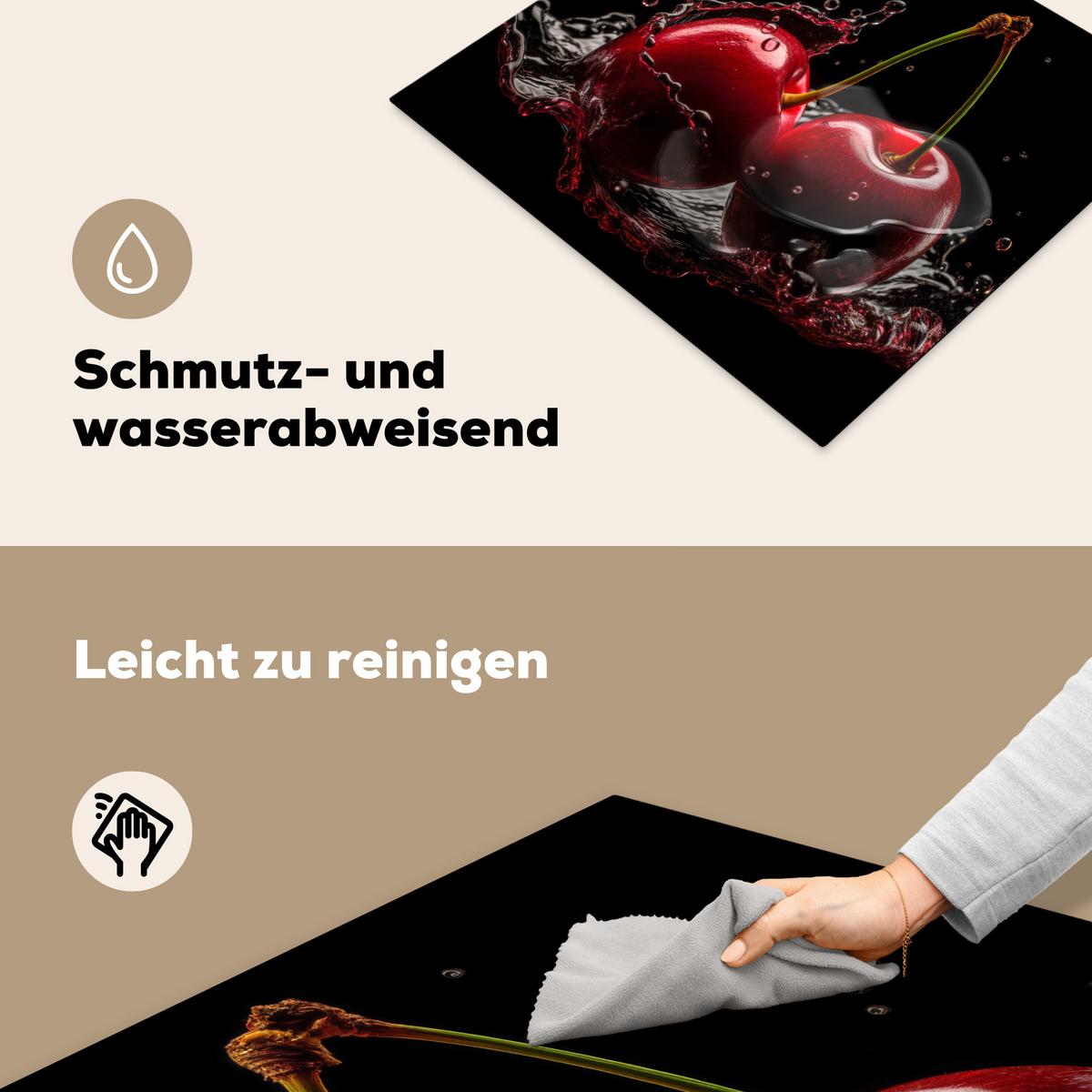 HERDABDECKPLATTE Kirsche - Rot - Frucht - Wasser - Schwarz Abdeckung Ceranfeld 57.6x51.6 cm - Kirschrot, Kunststoff (57.6/51.6/0.2cm) - MuchoWow