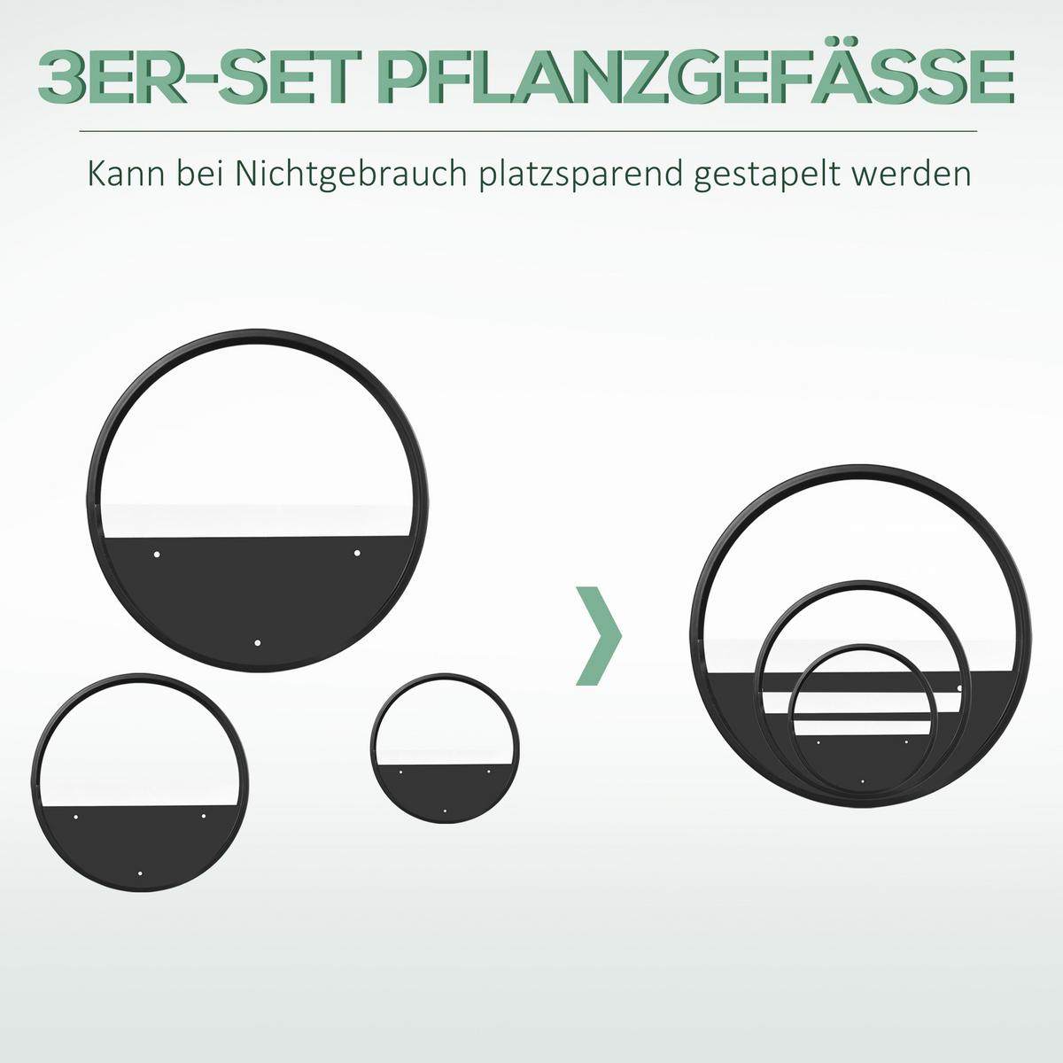 3ER-SET Blumentöpfe, Wand-Pflanzgefäß, Pflanzenbehälter für Garten Stahl Schwarz - Schwarz, Metall (5cm) - Outsunny