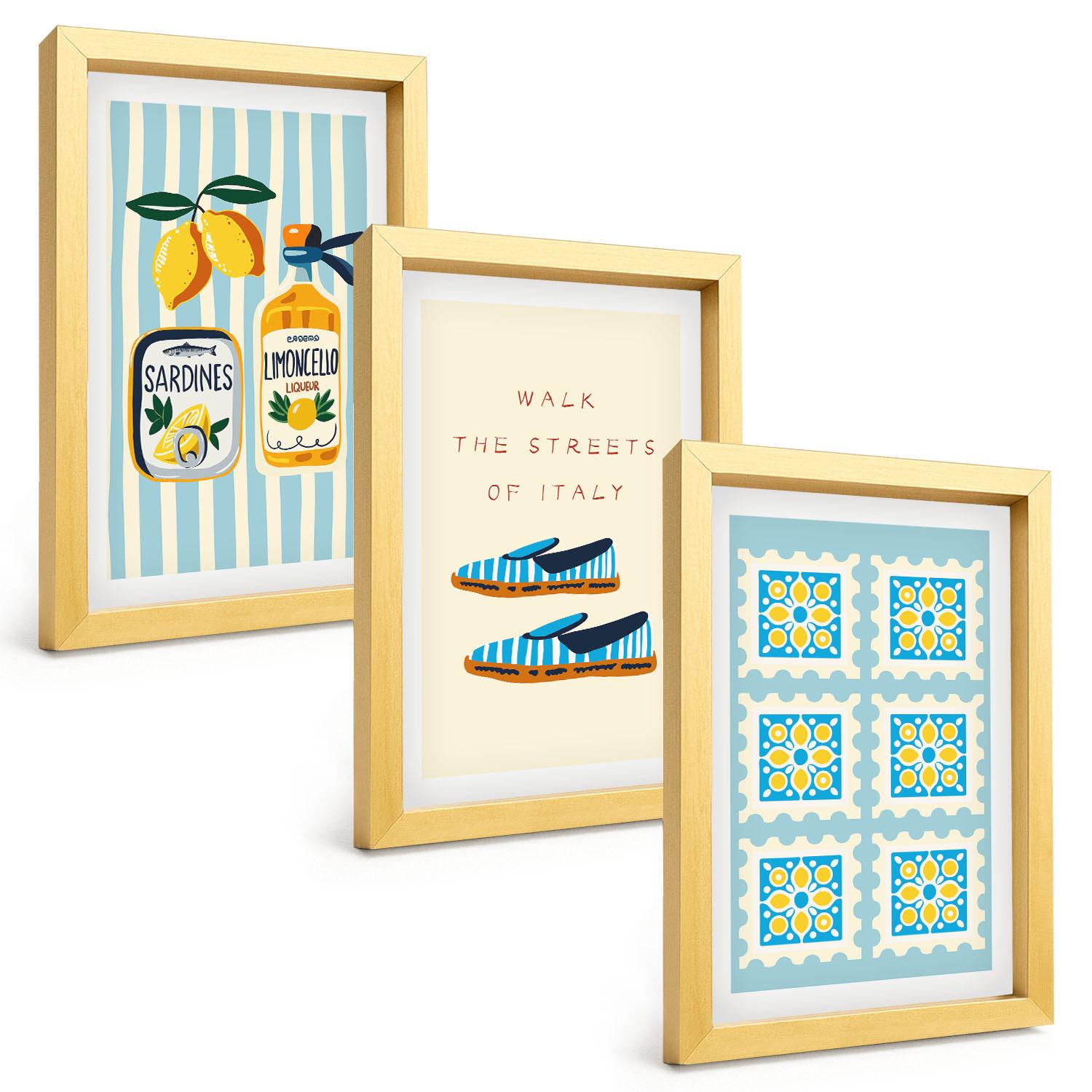 BILDER SET 3er Set - 20x30 cm Goldrahmen - Früchte, Elemente der italienischen Kultur - Goldfarben, Kunststoff (20/30cm) - TULUP