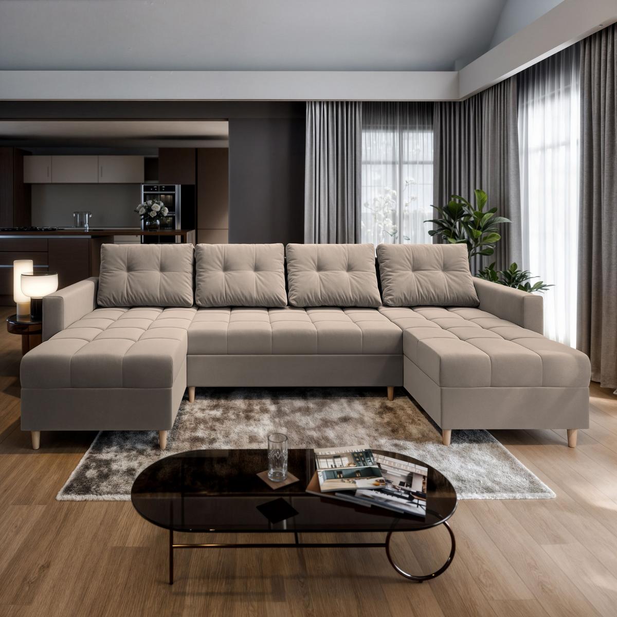 WOHNLANDSCHAFT MILO U Beige Plüsch-Stoff mit Schlaffunktion - Beige/Braun, Holz/Textil (285/91/140cm) - MASSENO