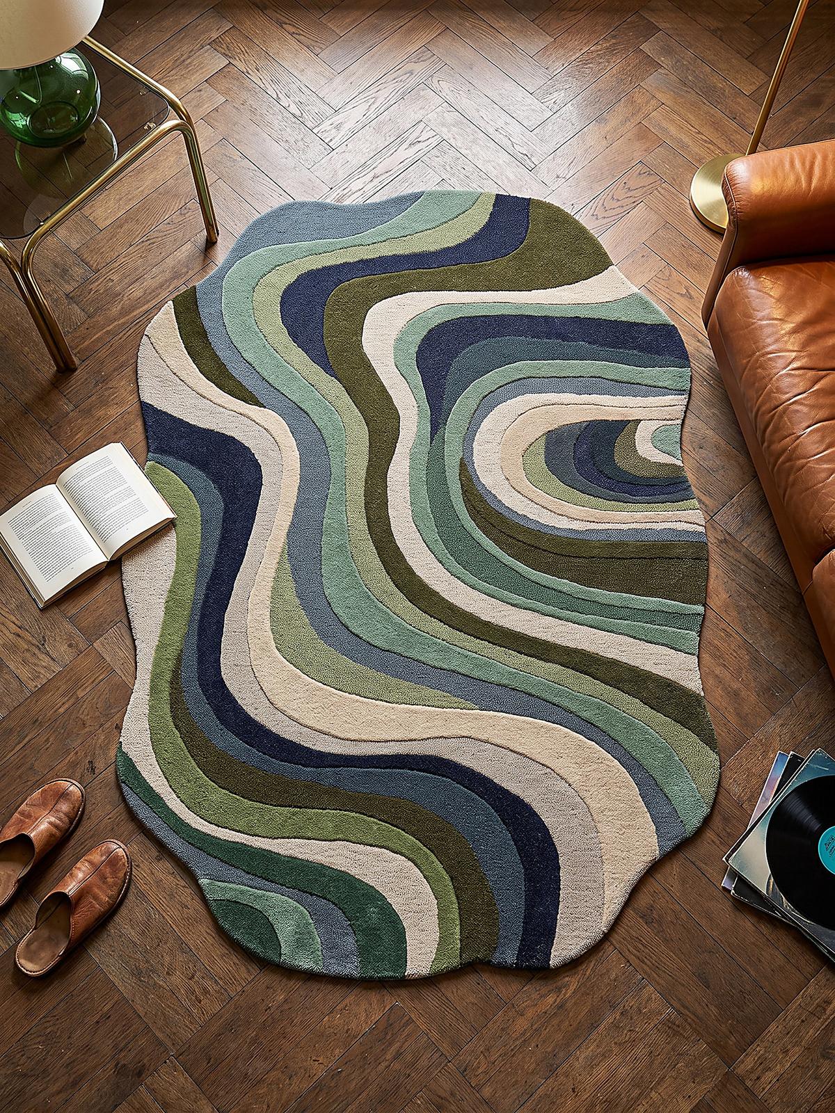 WOLLTEPPICH handgetuftet EFFRA, Wellen-Swirl, Erdtöne-Grün, 200 x 290 cm - Grün, Textil (200/290cm) - KADIMA DESIGN