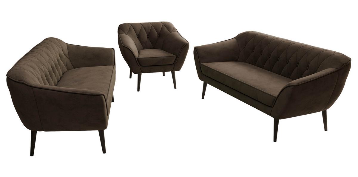 SITZGARNITUR PIRS 3+3+1 - Braun Velvet - Schwarze Beine - Dunkelbraun/Schwarz, Holzwerkstoff/Textil (180/75/74cm) - MKS