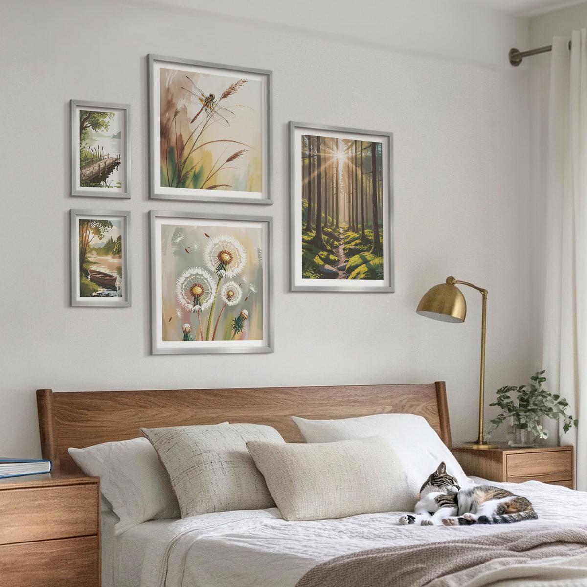 BILDER SET 5er Set - 50x50 cm & 20x30 cm & 40x60 cm Silberner Rahmen - See, Wald, Boot, Morgennebel - Silberfarben, Kunststoff (40/60cm) - TULUP