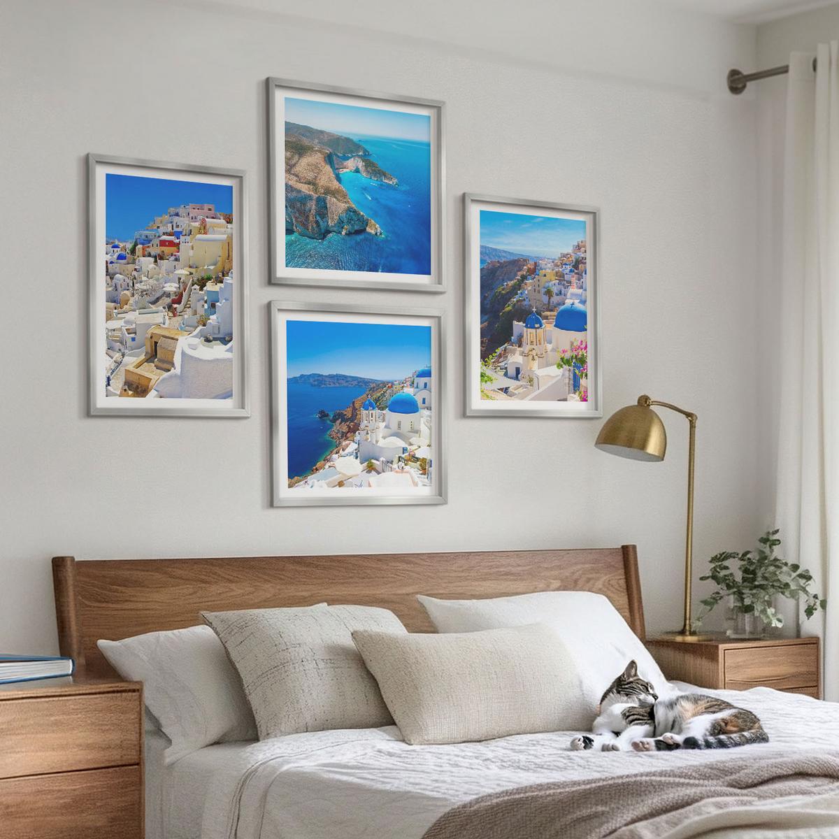 BILDER SET 4er Set - 50x50 cm & 40x60 cm Silberner Rahmen - Architekturlandschaft Oia Santorin Griechenland - Silberfarben, Kunststoff (50/50cm) - TULUP