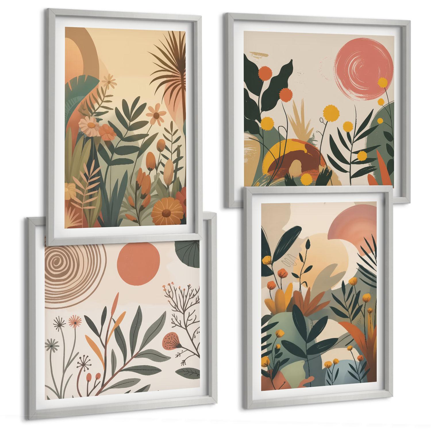 BILDER SET 4er Set - 50x50 cm & 40x60 cm Silberner Rahmen - Pflanzenmotive in Farben - Silberfarben, Kunststoff (50/50cm) - TULUP