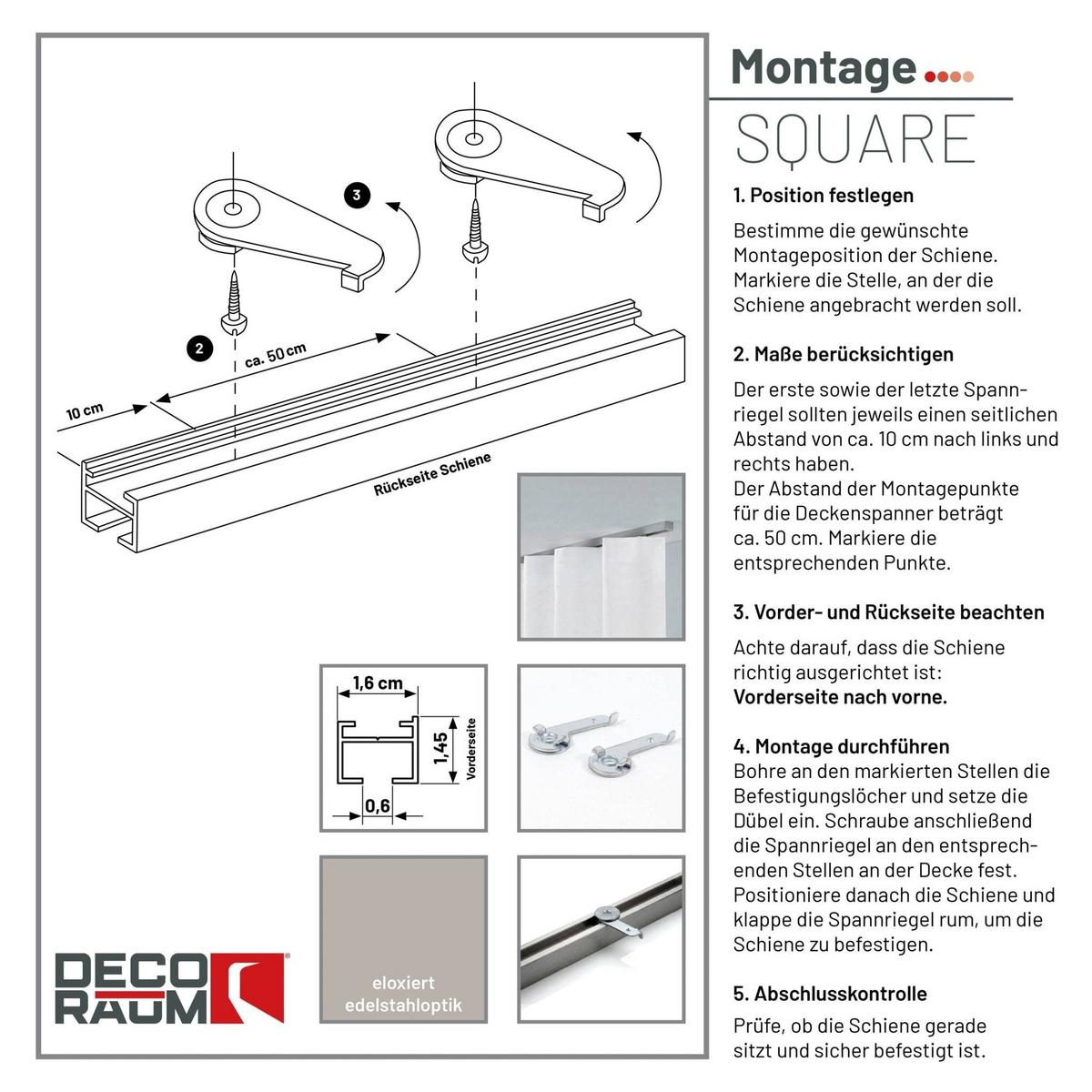 GARDINENSCHIENE auf Maß 1-lauf Deckenmontage Square 250cm - Silberfarben, Metall (250cm) - Deco-Raum