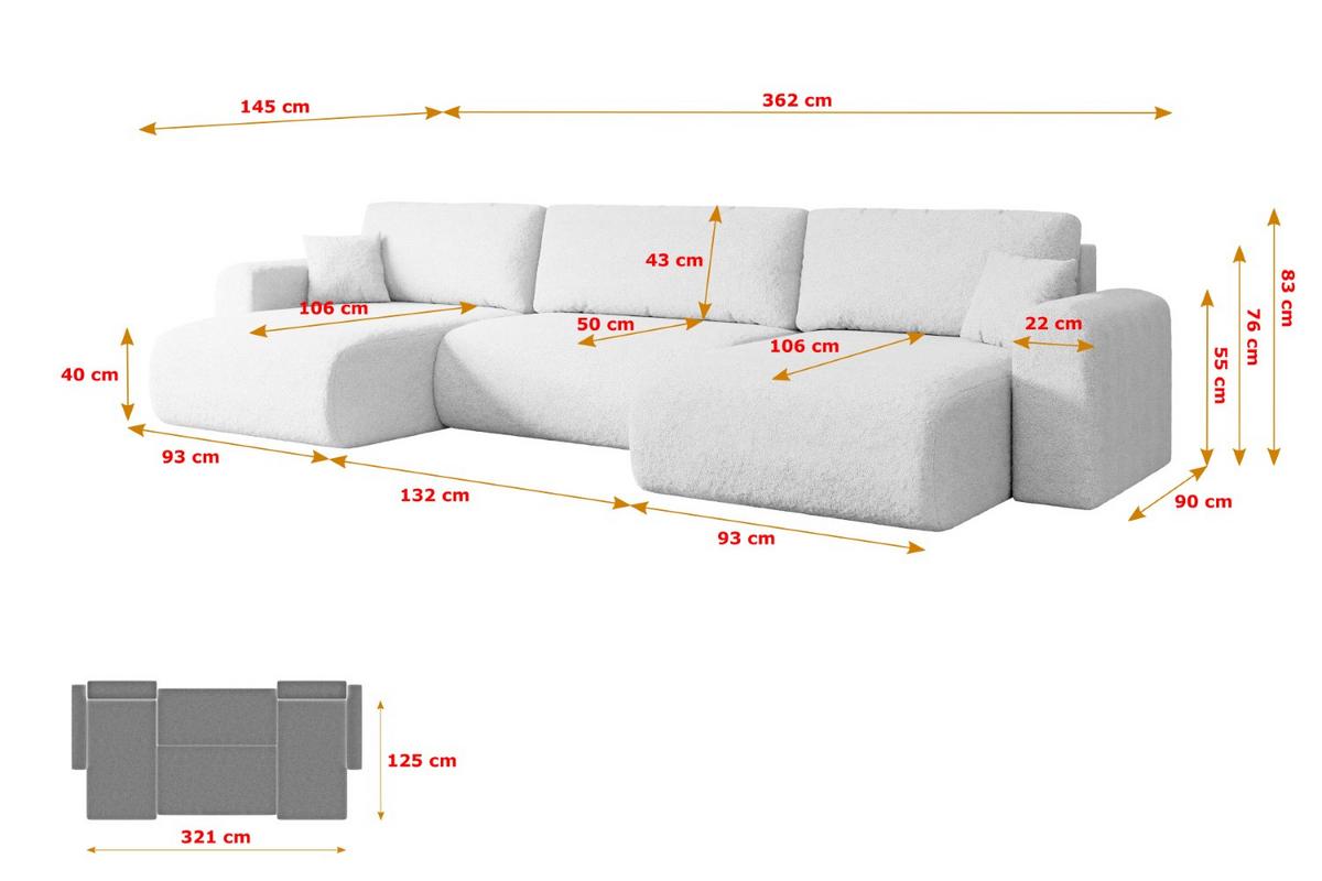 WOHNLANDSCHAFT mit Schlaffunktion und Bettkasten ORRO-U - 362x145x83 cm Weiß Bouclé - Schwarz/Weiß, Holzwerkstoff/Kunststoff (362/83/145cm) - ALTDECOR
