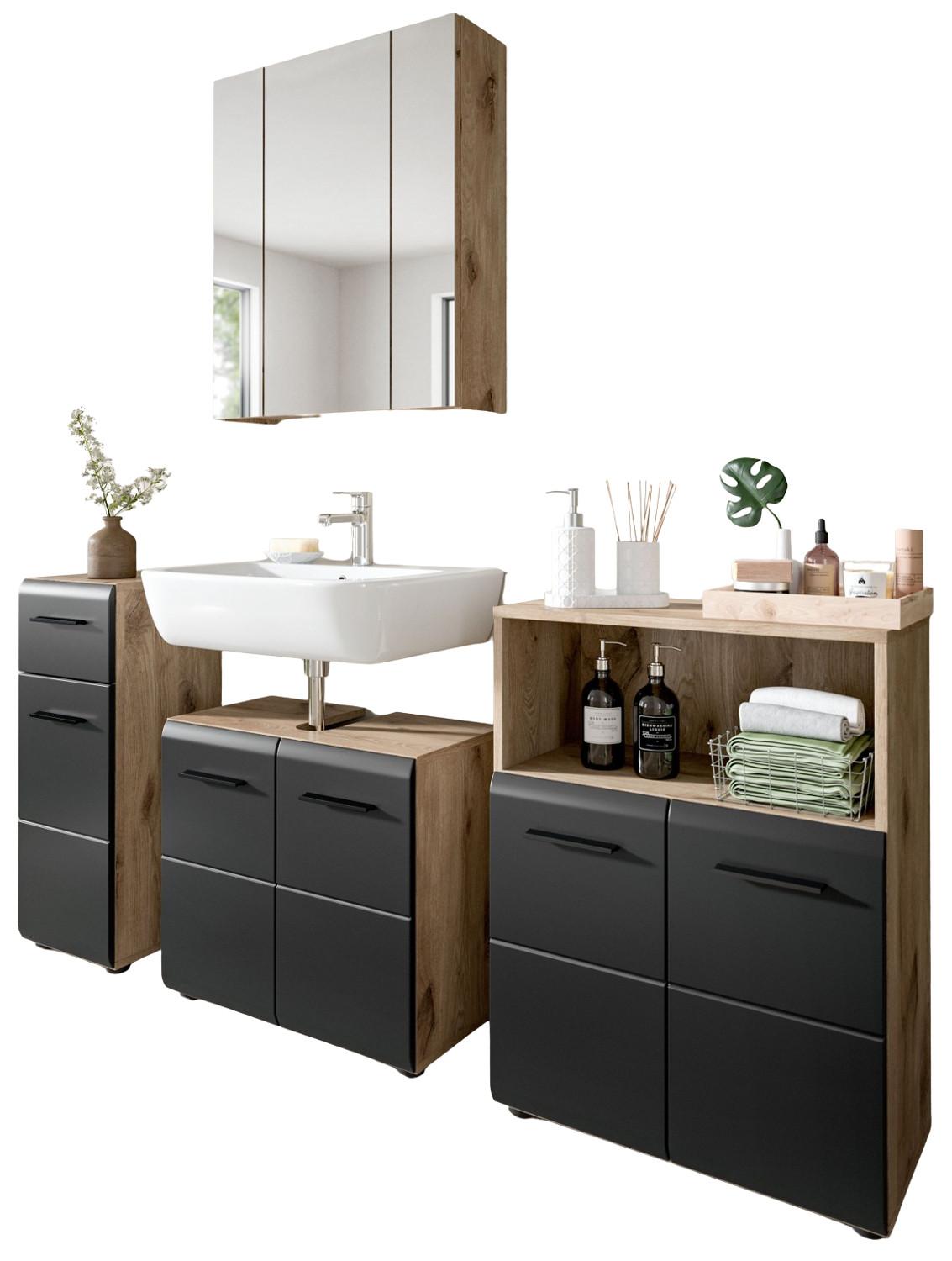 BADMÖBEL-SET 4-teilig schwarz matt, Eiche Nox, Badezimmer mit viel Stauraum, 180 x 185 cm - Eichefarben/Schwarz, Glas/Holzwerkstoff (180/185/30cm) - Inn.Furn