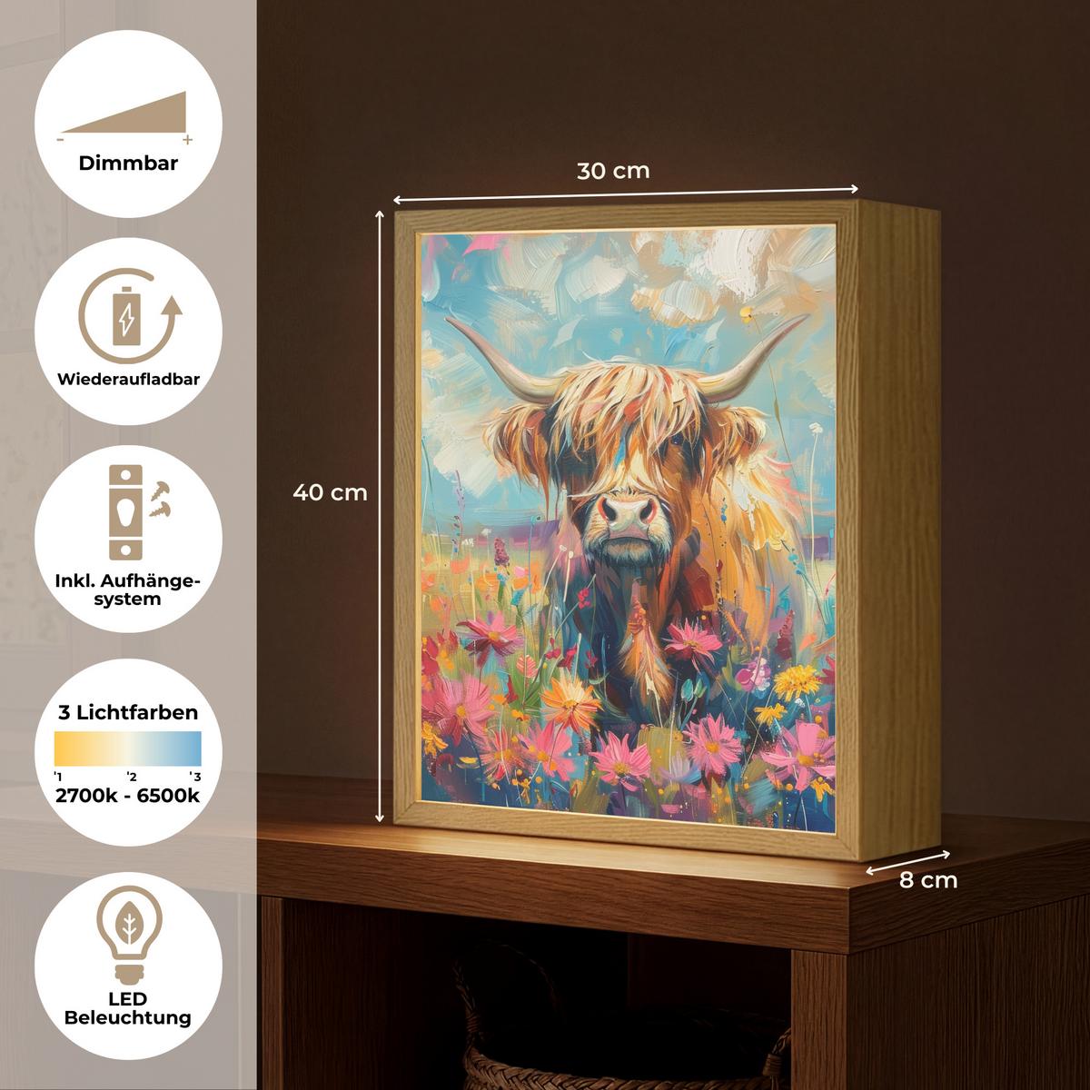WANDLEUCHTE MIT AKKU Schottische Hochländer - Natur - Farbenfroh - Blumen 30x40 cm - Multicolor, Holzwerkstoff (30/40/8cm) - OnlyWow
