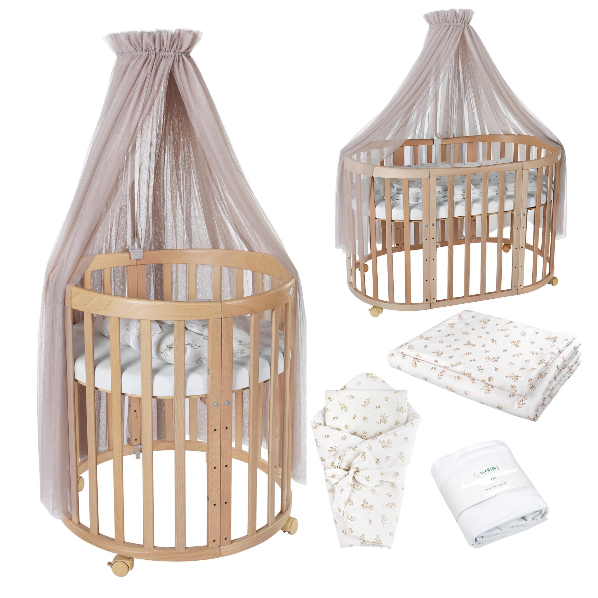 BABYBETT NATUR OVAL 7in1 mit Matratze und Himmelset - Taupe/Naturfarben, Holz/Textil (73/125cm) - waldin