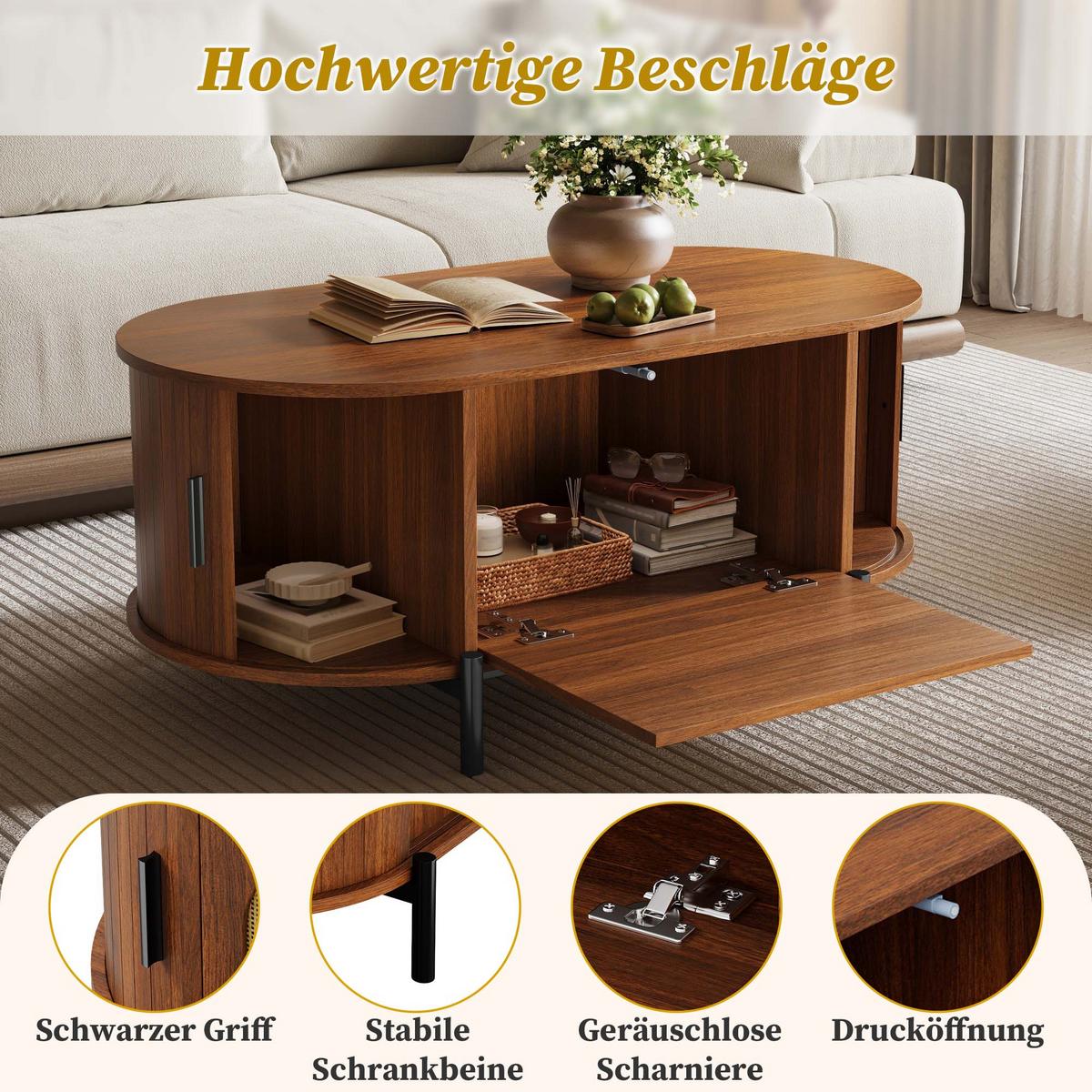 COUCHTISCH in holzoptik mit rattan, ovale form und schiebetüren - Walnussfarben, Holzwerkstoff (50/100/40cm) - Urban Meuble