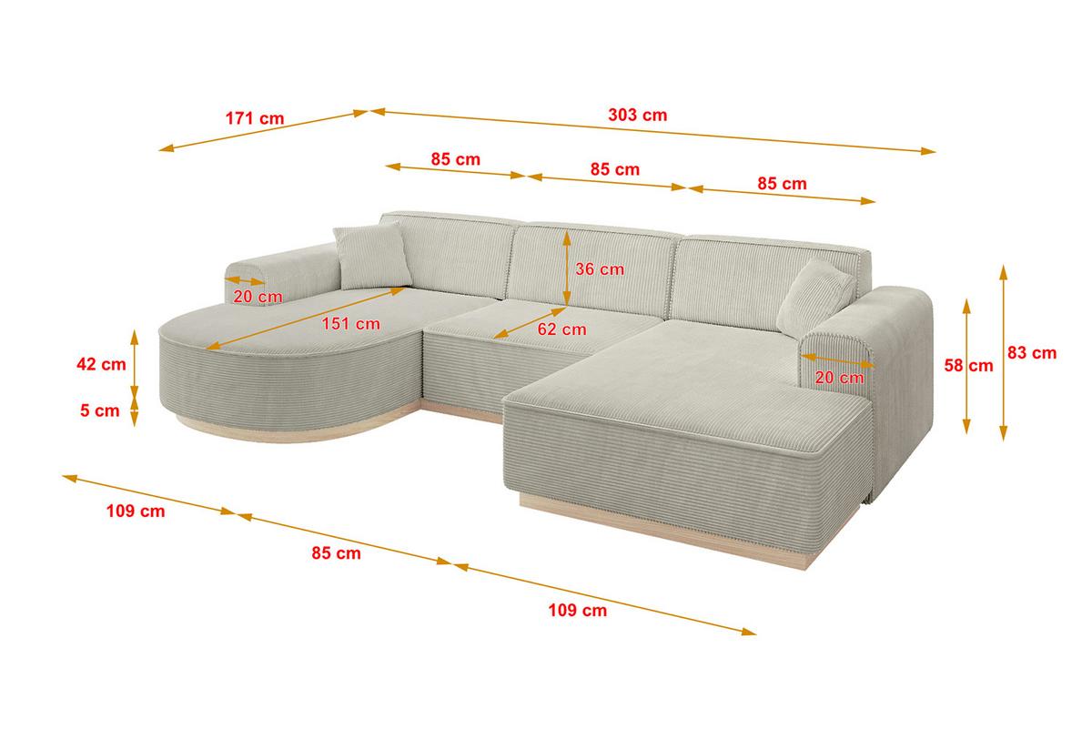 WOHNLANDSCHAFT ARRIO-U1 303x171x83 cm Creme - Ecru/Creme, Holzwerkstoff/Textil (303/83/171cm) - ALTDECOR