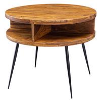 COUCHTISCH aus Sheesham Massivholz, Rund mit 4 Ablagefächern, Gestell aus Schwarzem Metall - Schwarz/Braun, Holz/Metall (60/60/45cm) - KADIMA DESIGN