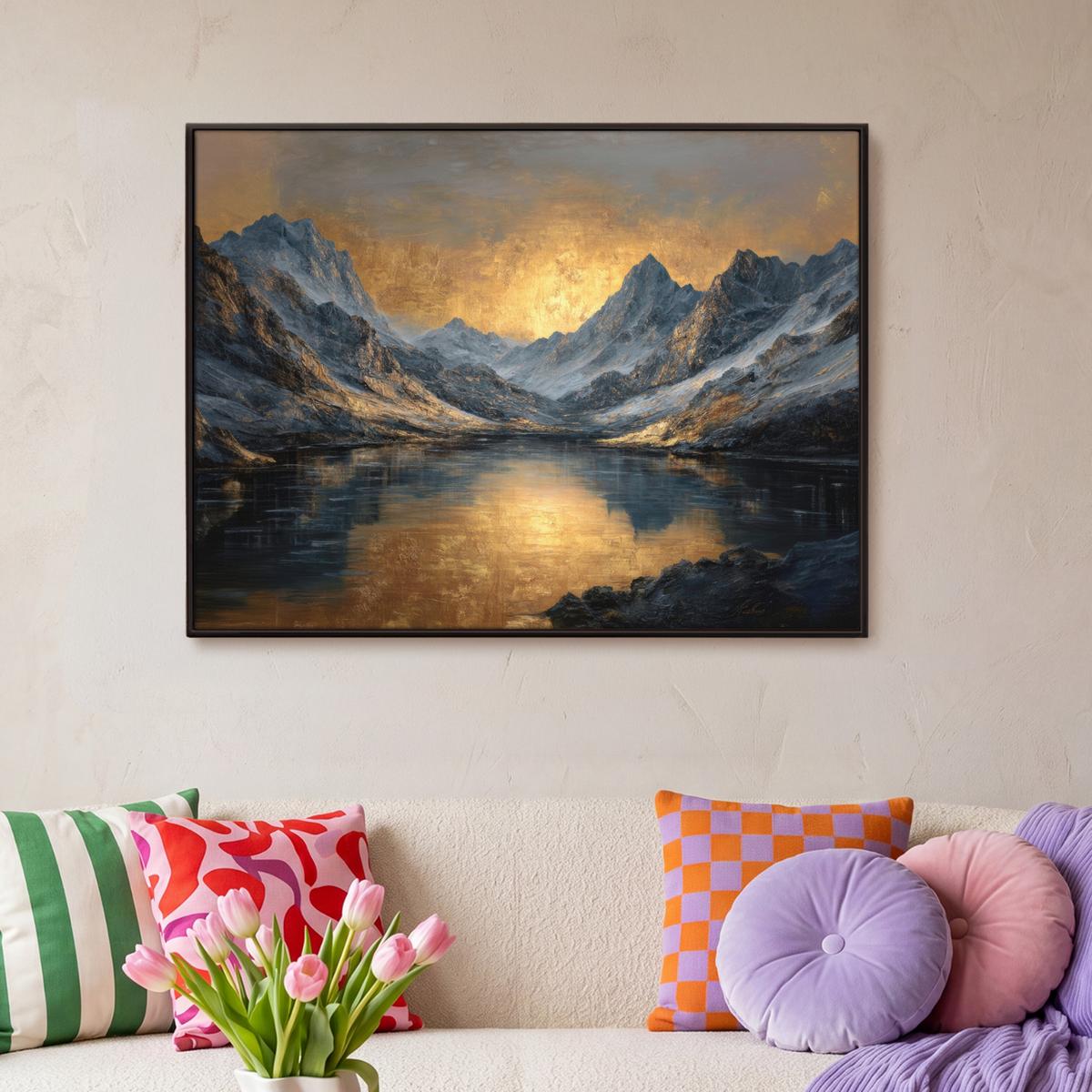 LEINWAND Bilder mit Rahmen - Bergkulisse mit goldenem Sonnenuntergang - 100x70 - Goldfarben, Textil (100/70cm) - MuchoWow
