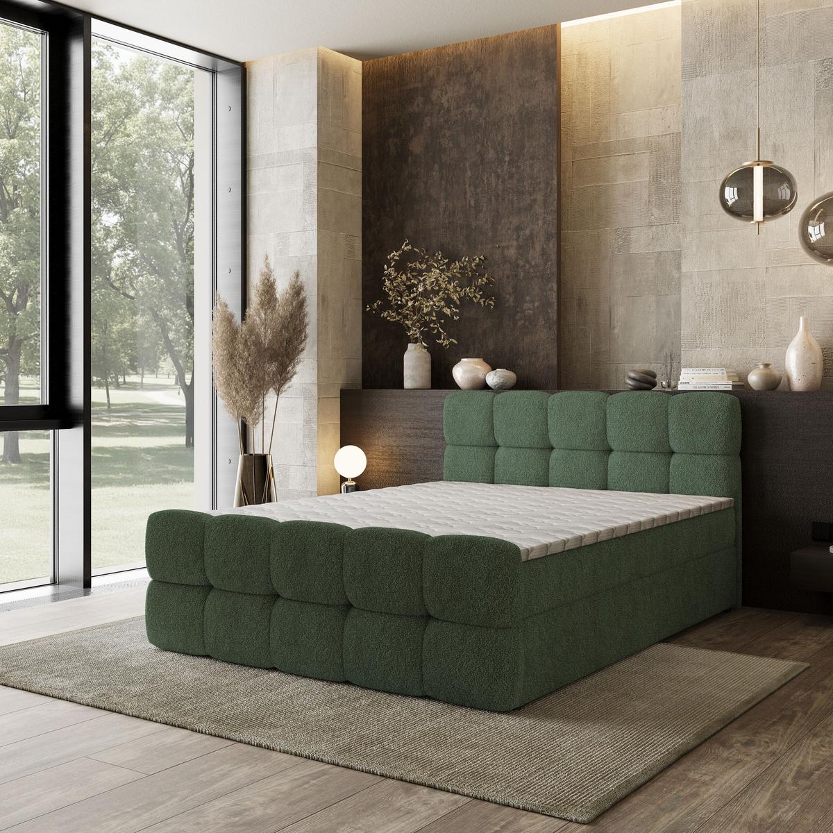 BOXBETT BRUME 180x200 cm mit Matratze und Topper, H2+H3 - Grün - Grün, Holz (180/200cm) - MASSENO