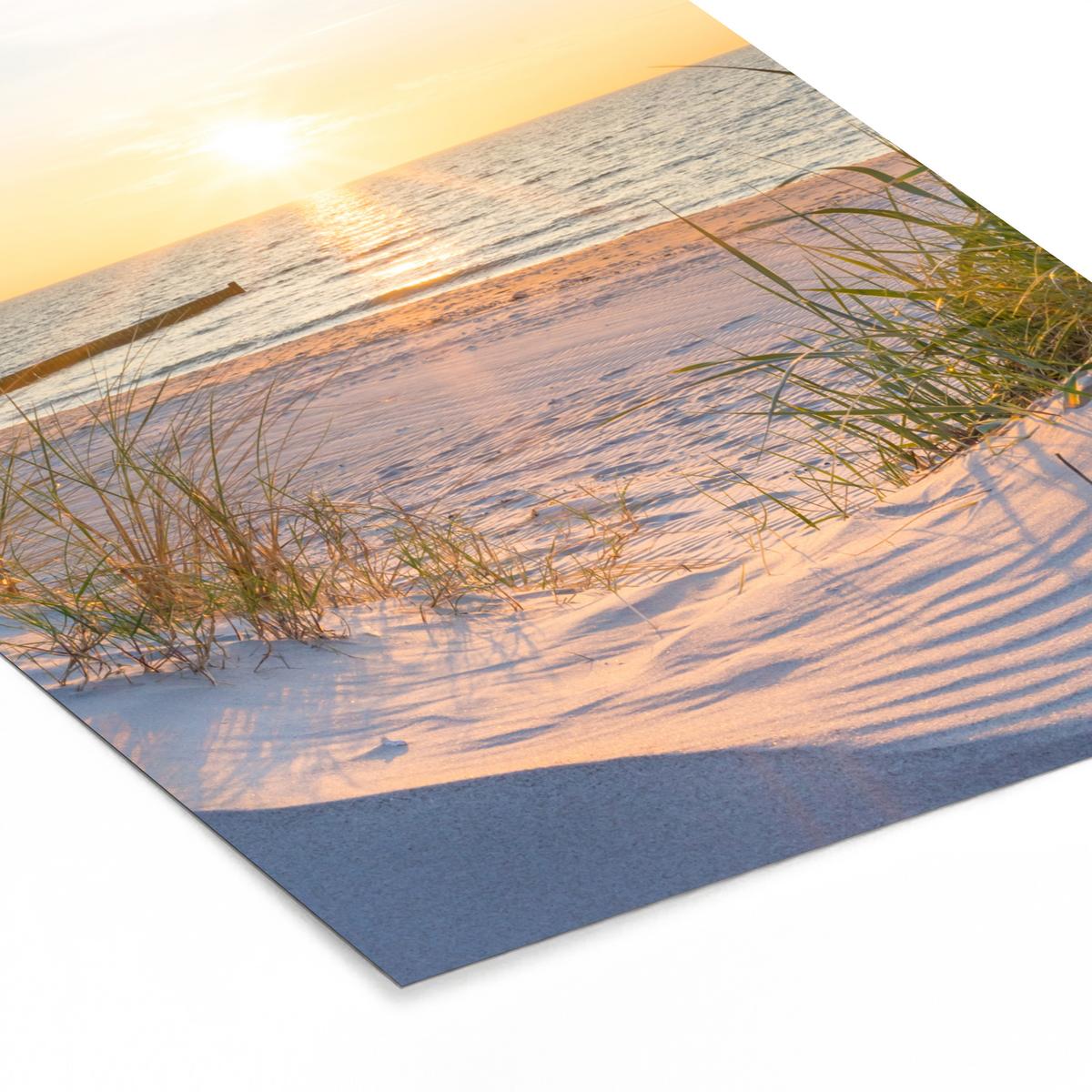 POSTER MIT RAHMEN Strand - Sonne - Düne - Gras - Sand - Horizont Posterleiste 60x80 cm - Hellblau, Papier (60/80cm) - MuchoWow
