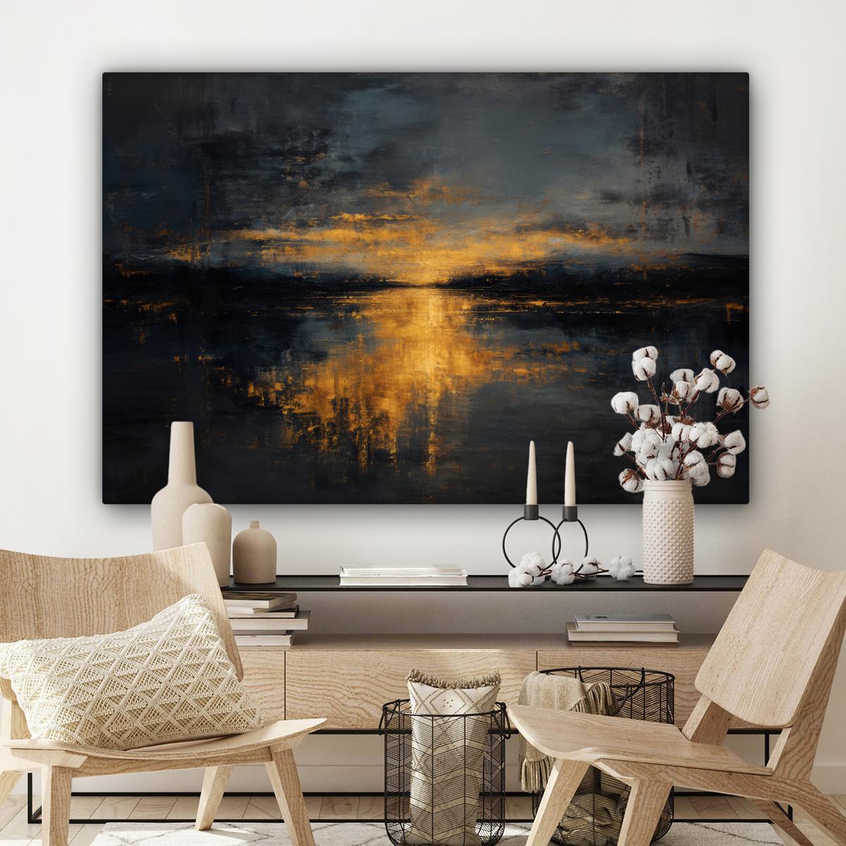 LEINWANDBILD Goldene Reflexion auf dem Wasser Wohnzimmer Groß 120x80 cm - Anthrazit, Textil (120/80cm) - MuchoWow