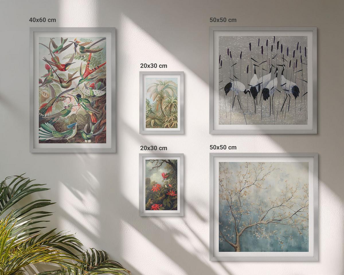 BILDER SET 5er Set - 50x50 cm & 20x30 cm & 40x60 cm Silberner Rahmen - Pastellfarbene Berglandschaft mit rosa Flamingos - Silberfarben, Kunststoff (40/60cm) - TULUP