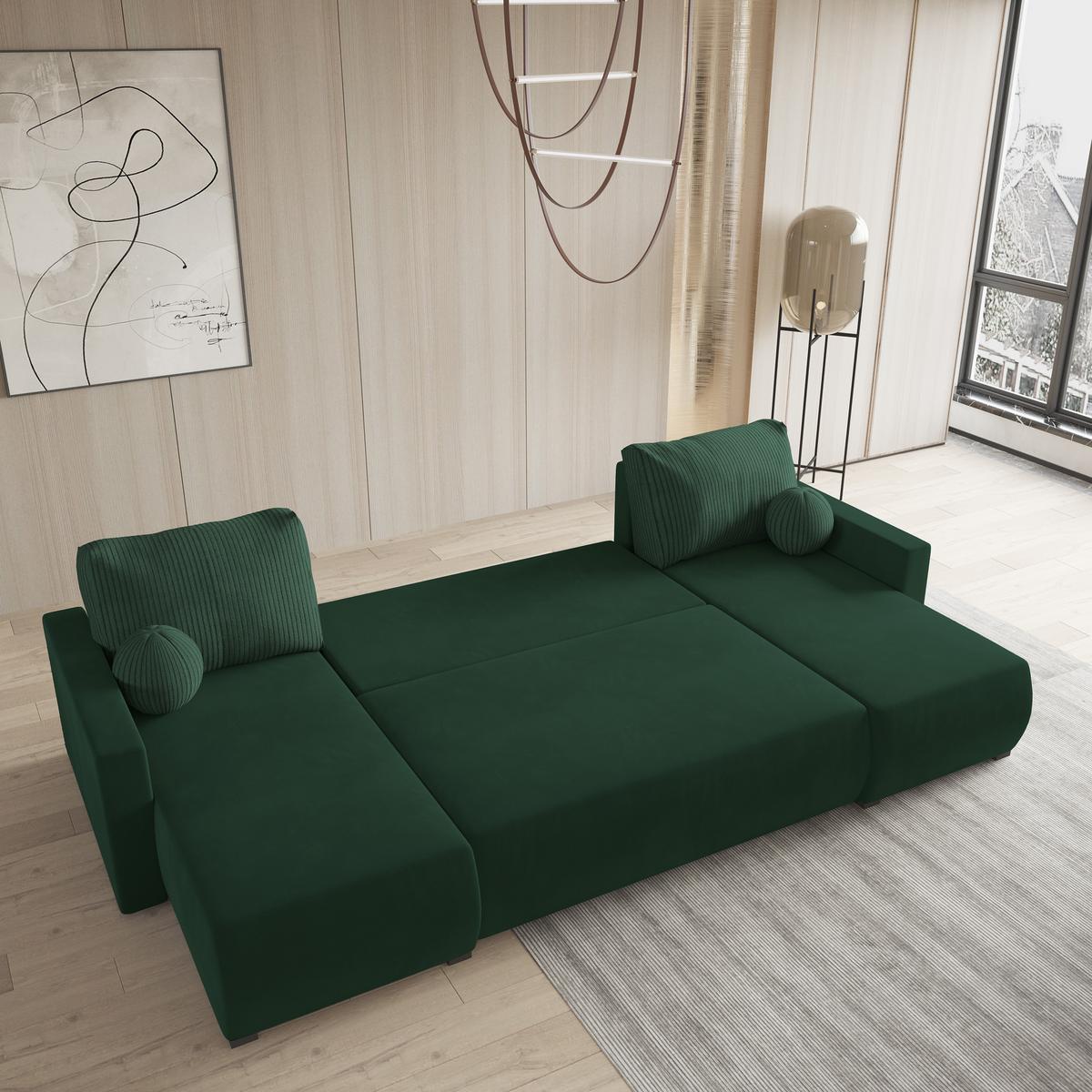 WOHNLANDSCHAFT TESSUN Grün Plüsch-Stoff mit Schlaffunktion - Grün, Holz (286/85/143cm) - MASSENO