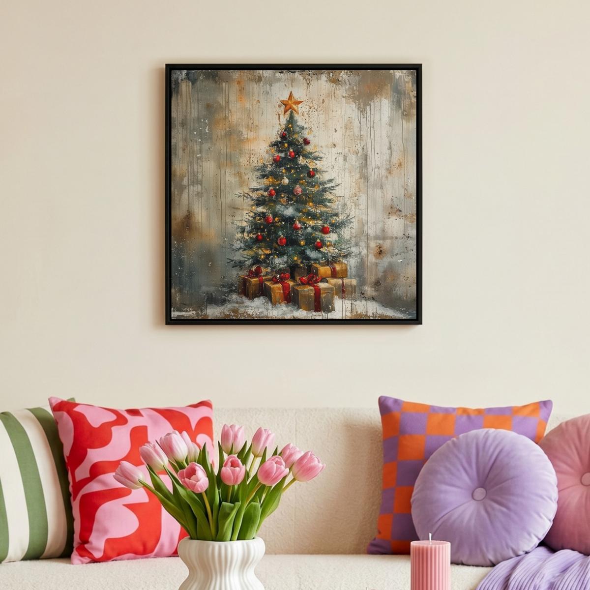 LEINWAND Bilder mit Rahmen - Weihnachtsbaum - Vintage - Weihnachten - Geschenk - 50x50 - Rostfarben, Textil (50/50cm) - MuchoWow