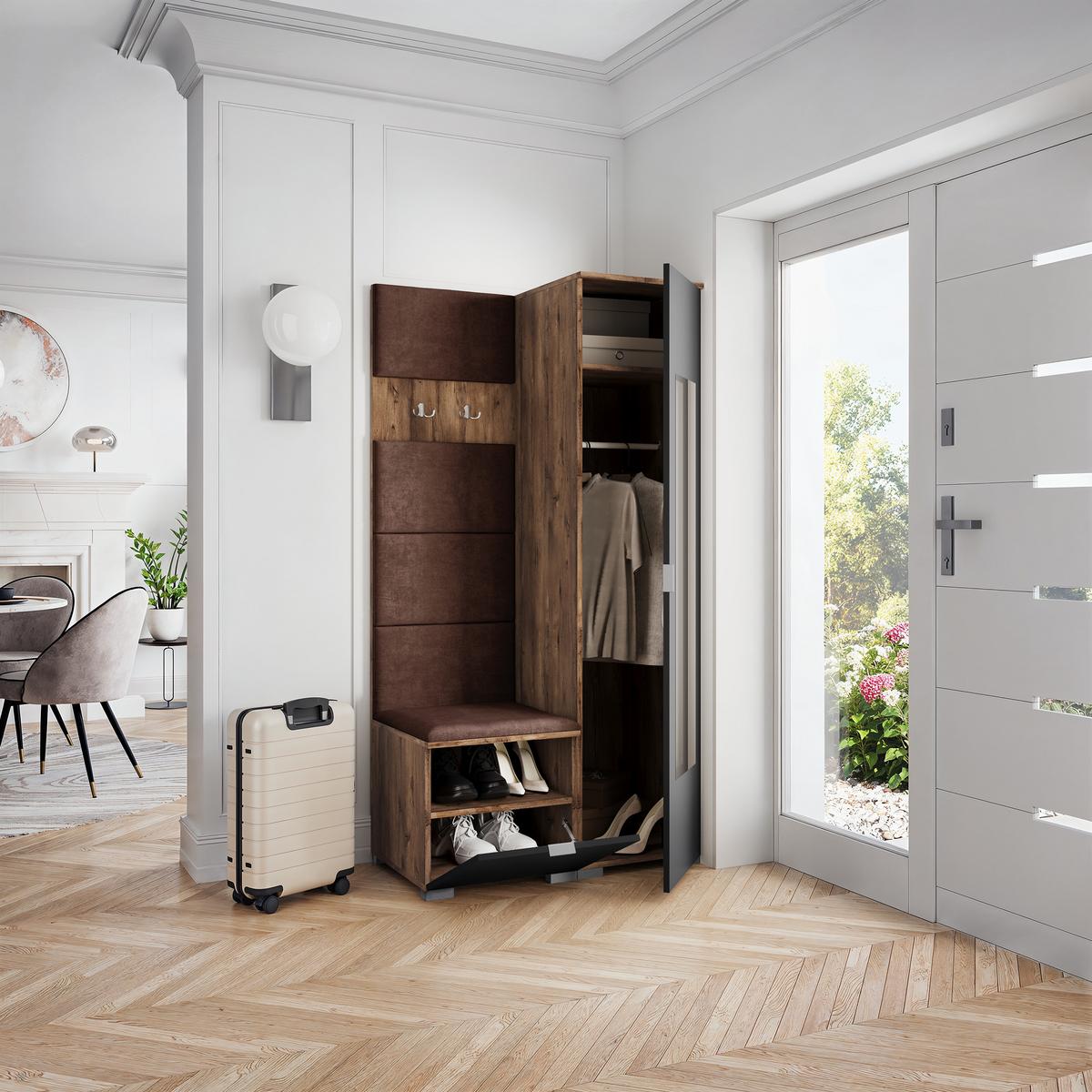 GARDEROBENSCHRANK VIRA 95/181/51 cm Modern Garderobe-Set Eiche Lefkas - Eichefarben/Schwarz, Holzwerkstoff (95/181/51cm) - MASSENO