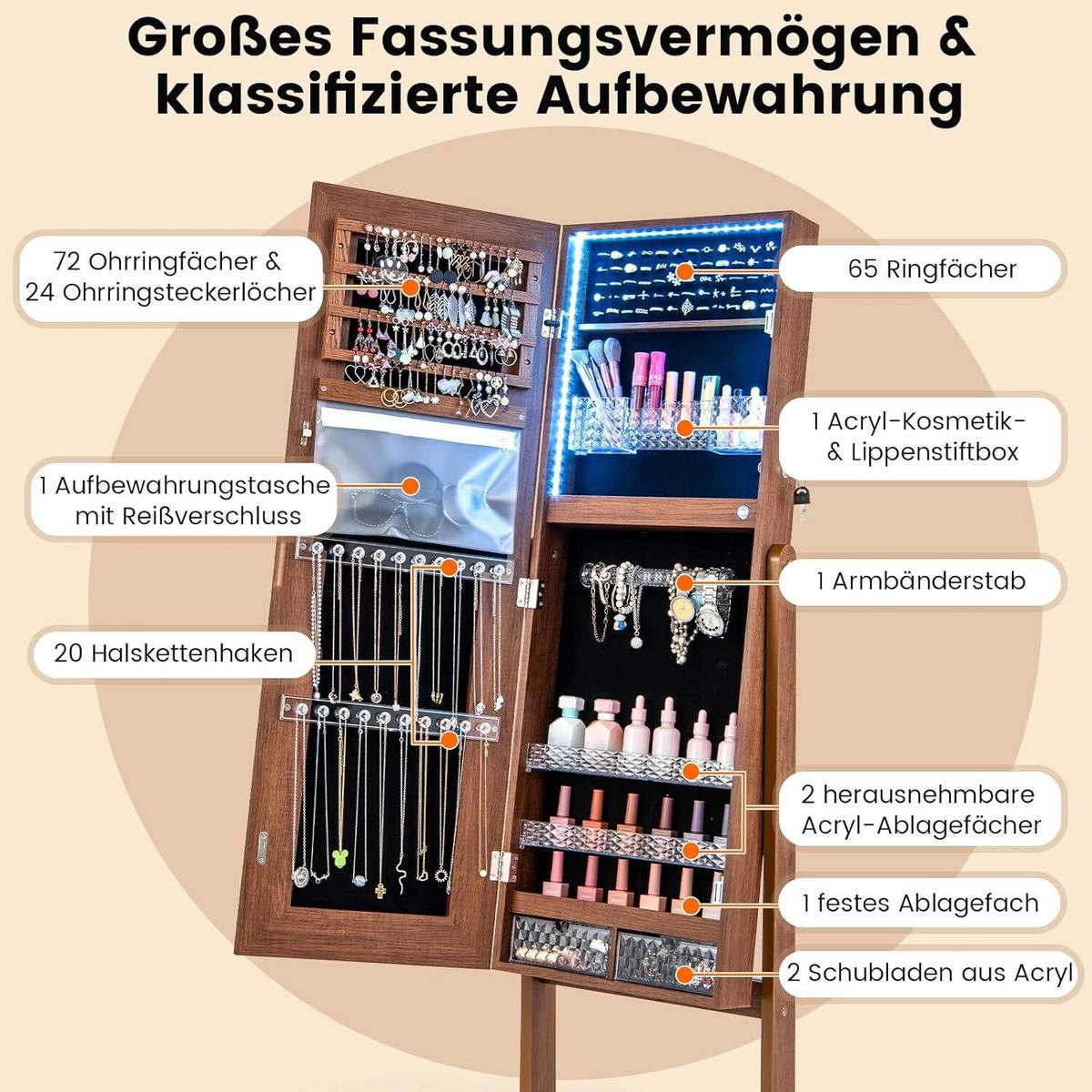 SCHMUCKSCHRANK 151cm Walnuss - Walnussfarben, Holz (41/151/38cm) - COSTWAY