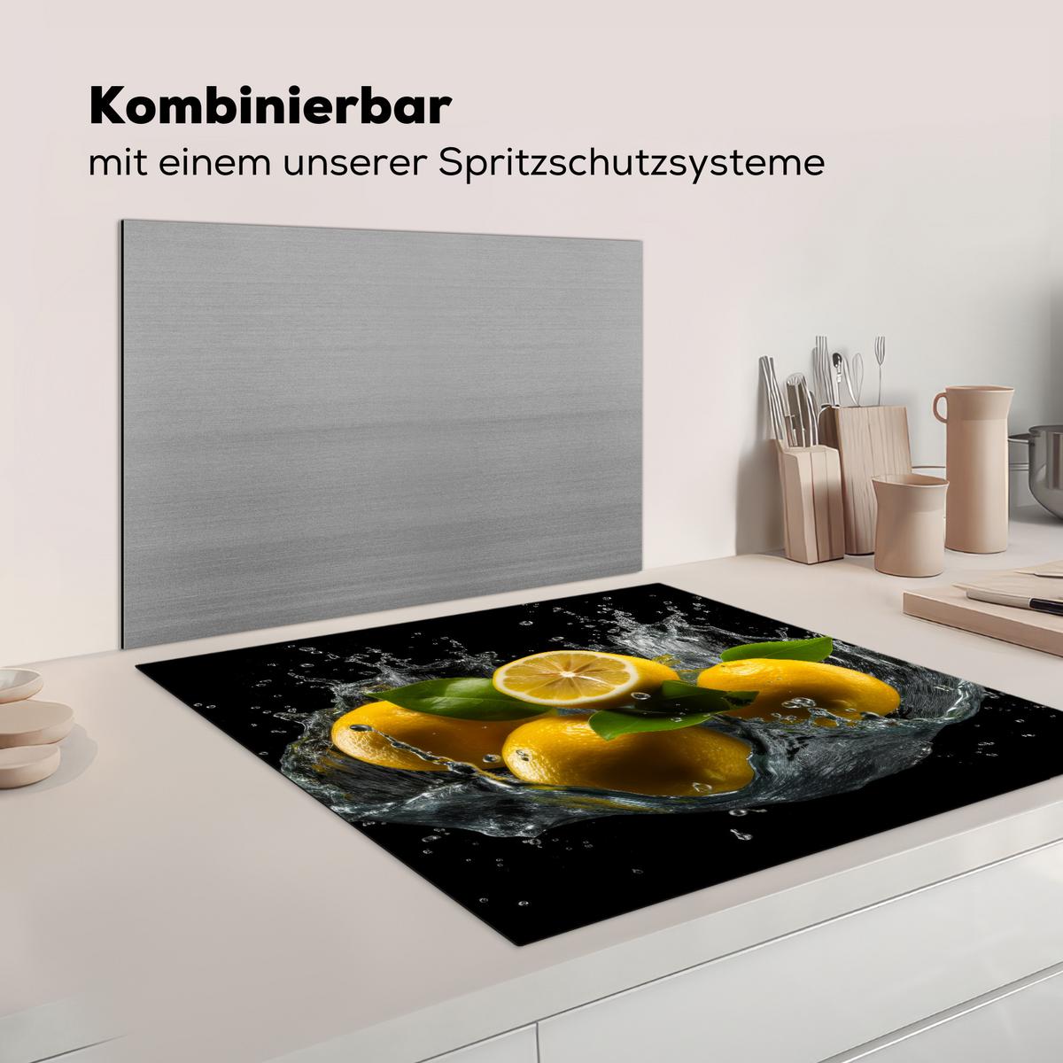 HERDABDECKPLATTE Zitrone - Obst - Gelb - Schwarz Induktionsmatte 78x78 cm - Gelb, Kunststoff (78/78/0.2cm) - MuchoWow
