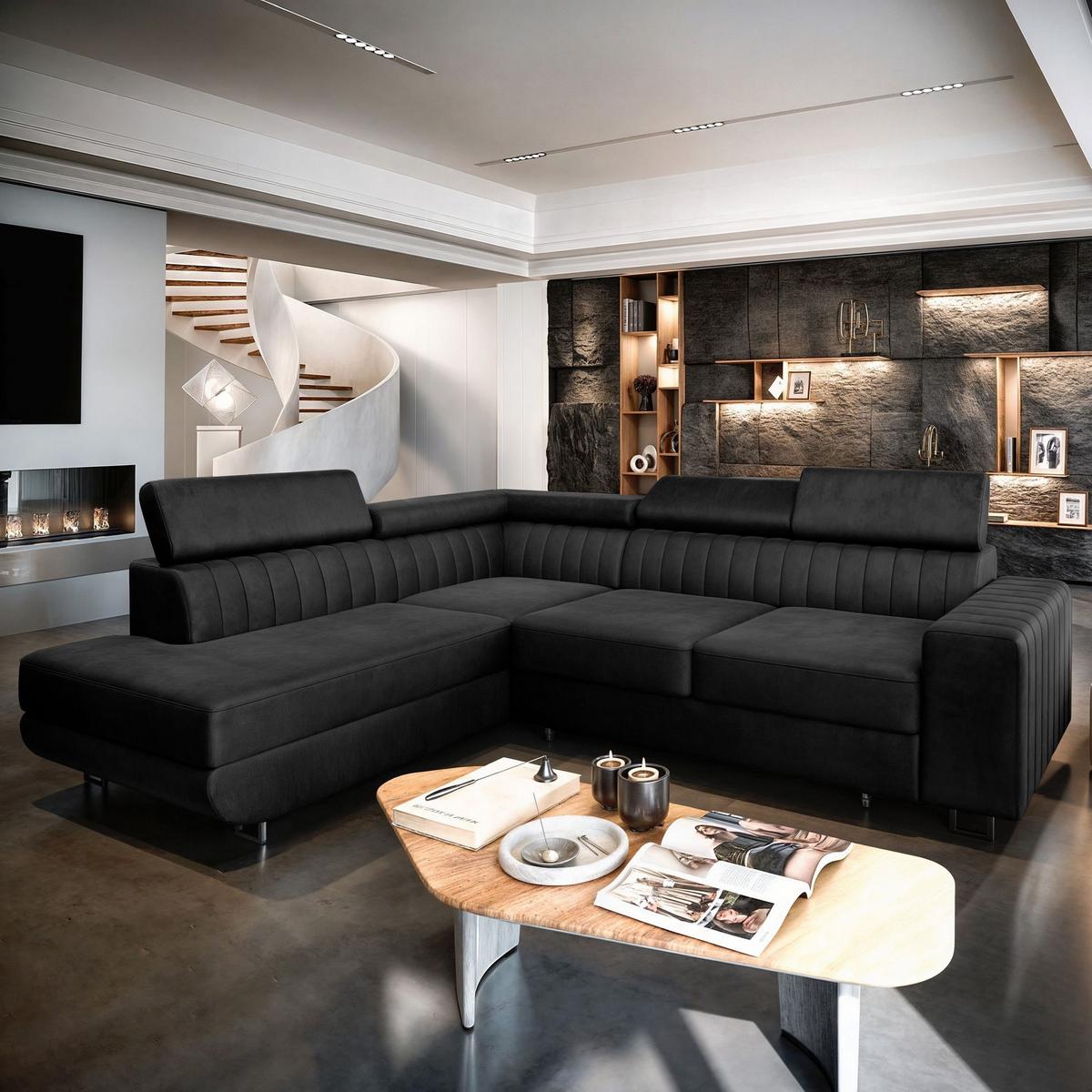 ECKSOFA NOLA L-S Schwarz Velours-Stoff mit Schlaffunktion - Silberfarben/Schwarz, Holz/Textil (253/190cm) - MASSENO