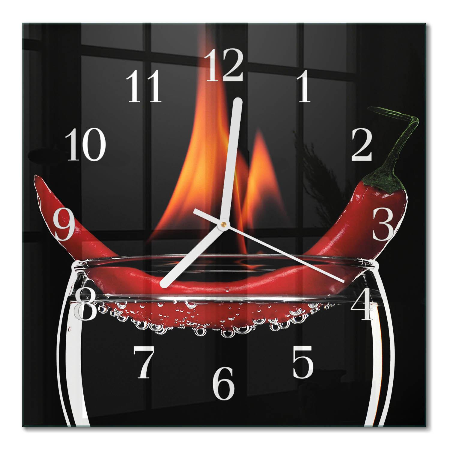 WANDUHR aus Glas 30x30 cm - Chili-Feuer - Rot, Glas (30/30/0.4cm) - TULUP