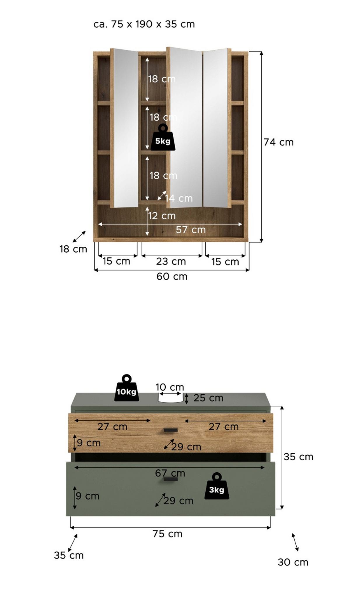 BADMÖBEL-SET grün, Evoke Eiche 2-teilig 75 cm, Badkombination in modernem Design - Eichefarben/Schwarz, Glas/Holzwerkstoff (75/191/35cm) - Inn.Furn