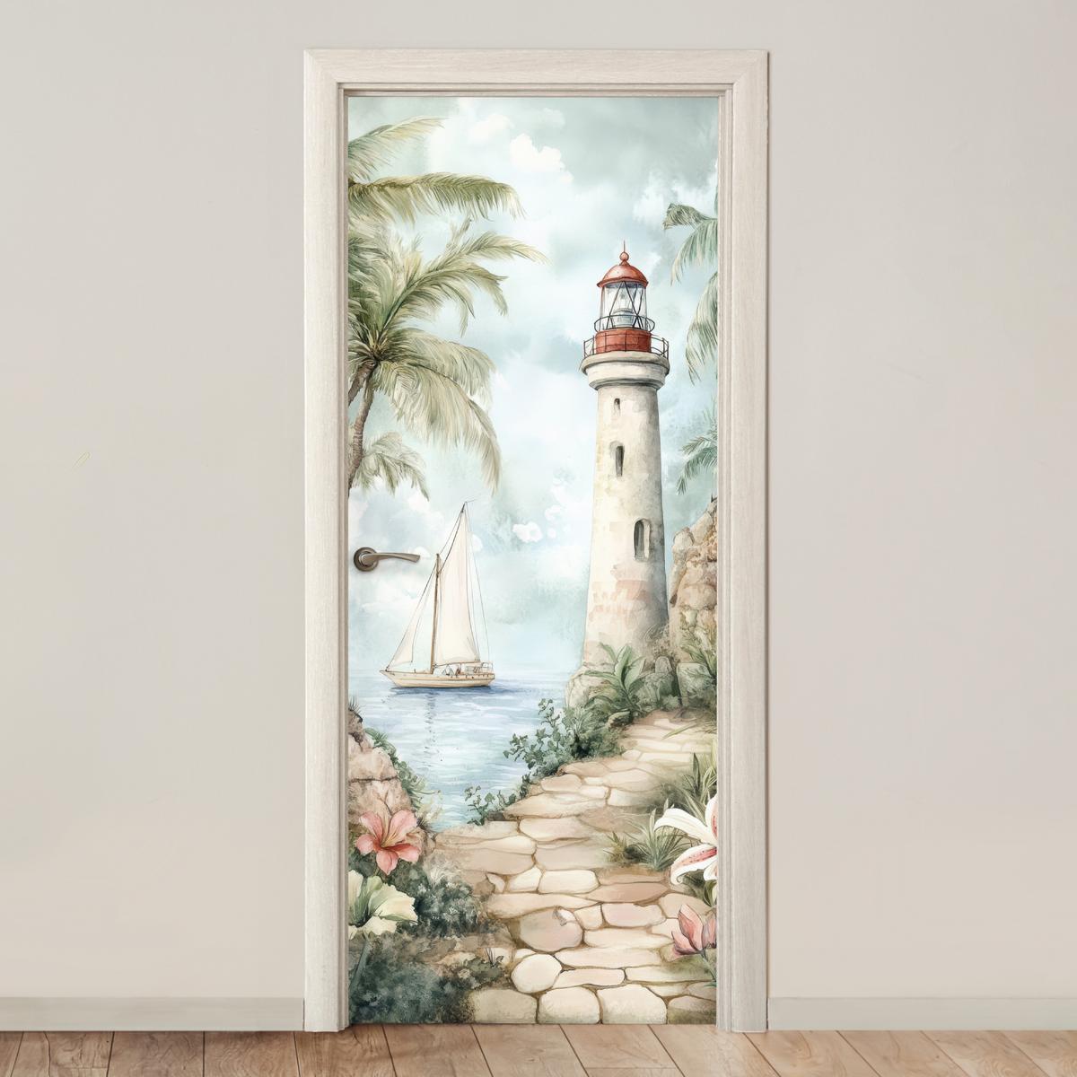 TÜRAUFKLEBER Leuchtturm - Natur - Landschaft - Boot Room Decor 85x205 cm - Türtapete - Eichefarben, Kunststoff (85/0.1cm) - MuchoWow