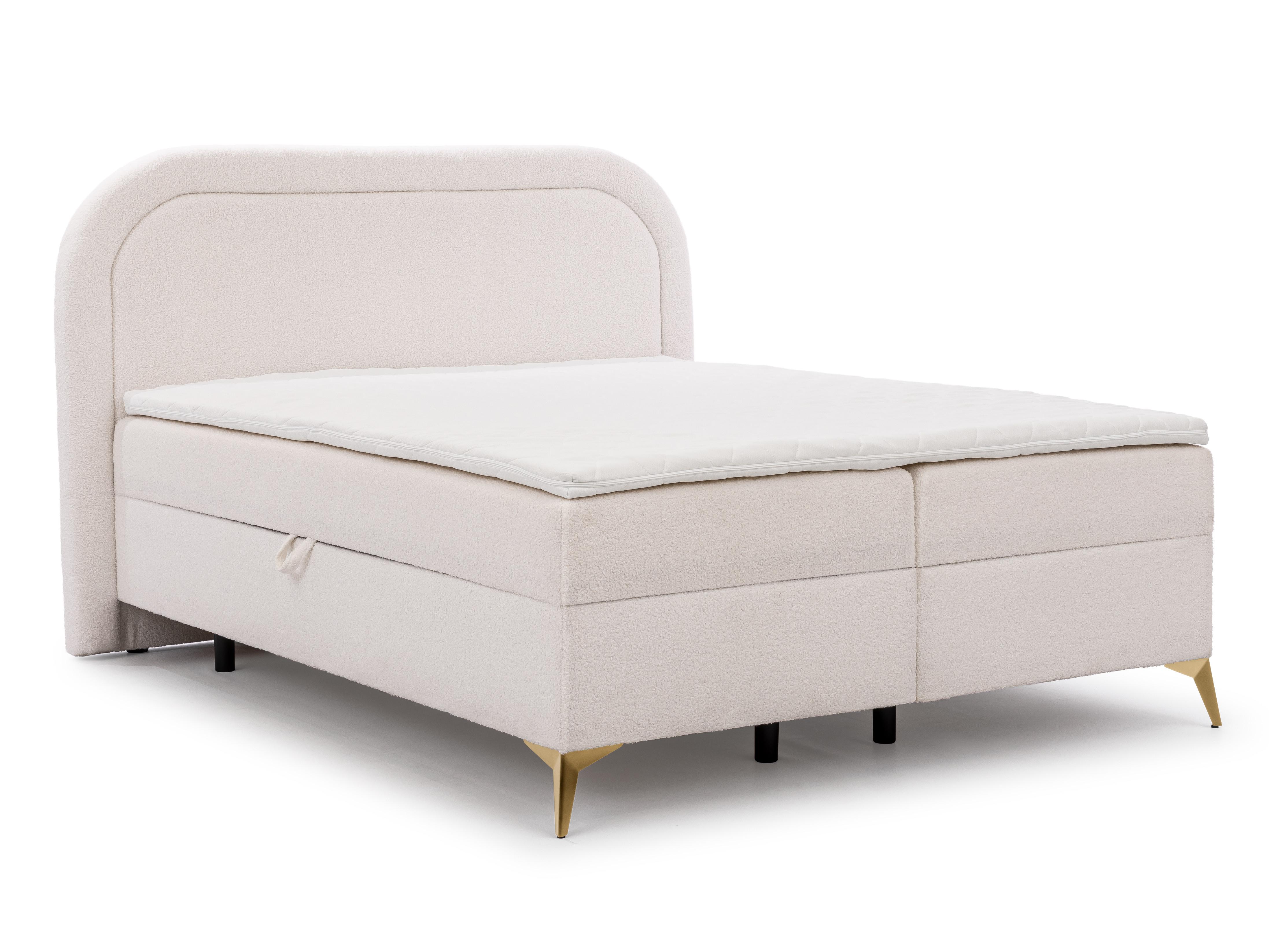BOXBETT Sonna 200/200 cm Weiß Bouclé-Stoff mit abgerundetem Kopfteil und mit goldenen Metallfüße - Goldfarben/Weiß, Holz/Textil (200/200cm) - S-Style Möbel
